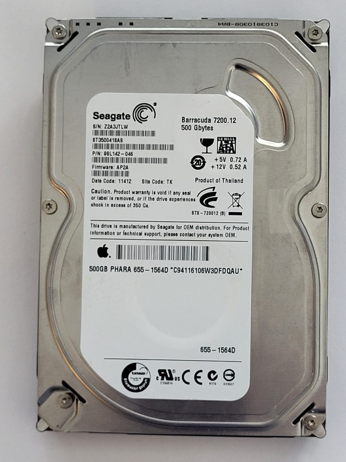 ST3500418AS, PN:9SL142-046, SN:Z2A, TK, FW:AP2A, 11412 | Seagate 500Go 3,5" SATA HDD STK