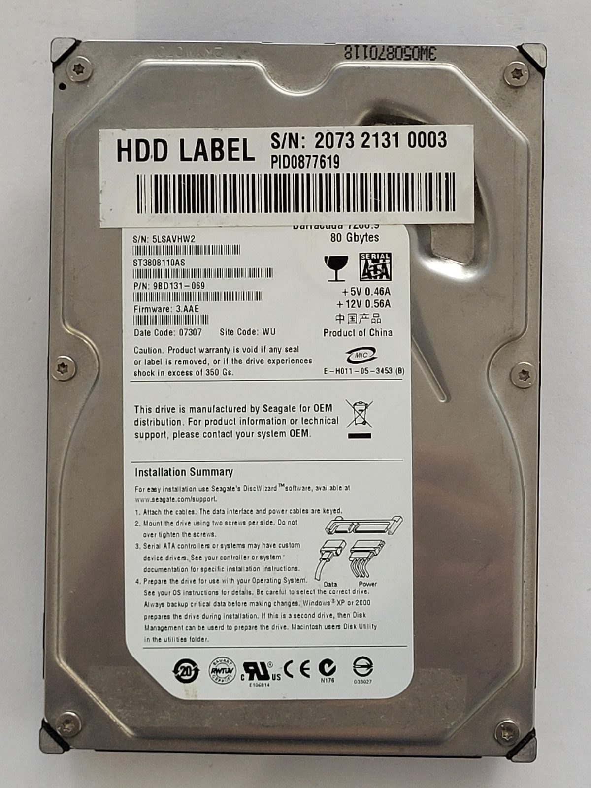 ST3808110AS, PN:9BD131-069, SN:5LS, WU, FW:3.AAE, 07307 | Seagate 80Go 3,5" SATA HDD STK