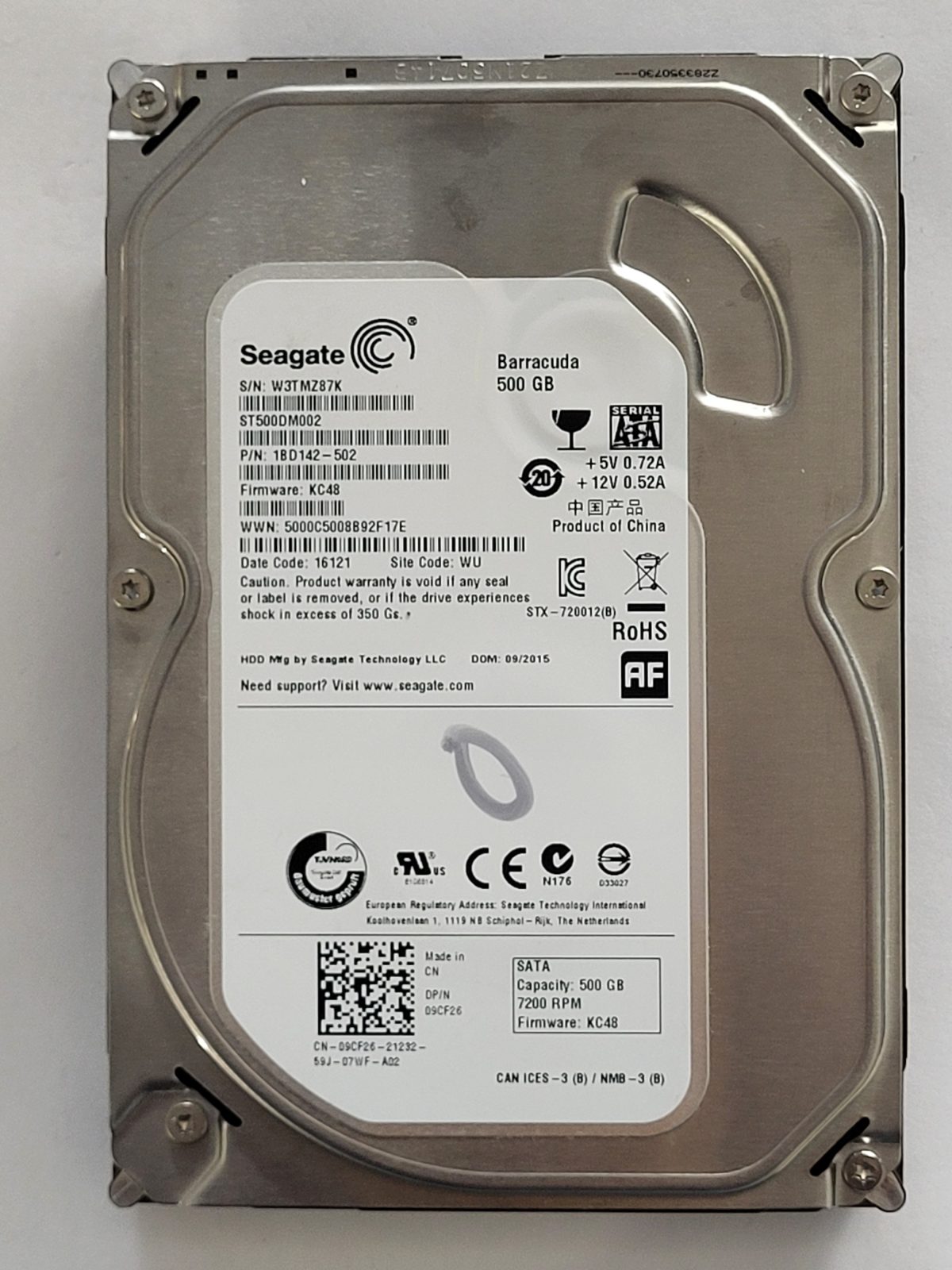 ST500DM002, PN:1BD142-502, SN:W3T, WU, FW:KC48, 16121 | Seagate 500Go 3,5" SATA HDD STK