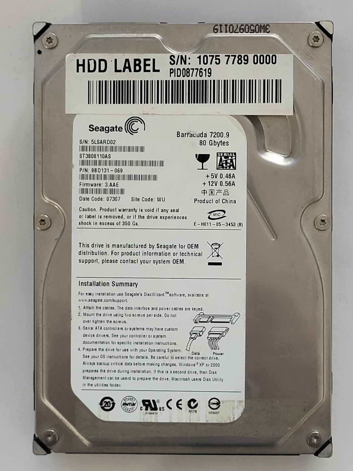ST3808110AS, PN:9BD131-069, SN:5LS, WU, FW:3.AAE, 07307 | Seagate 80Go 3,5" SATA HDD STK