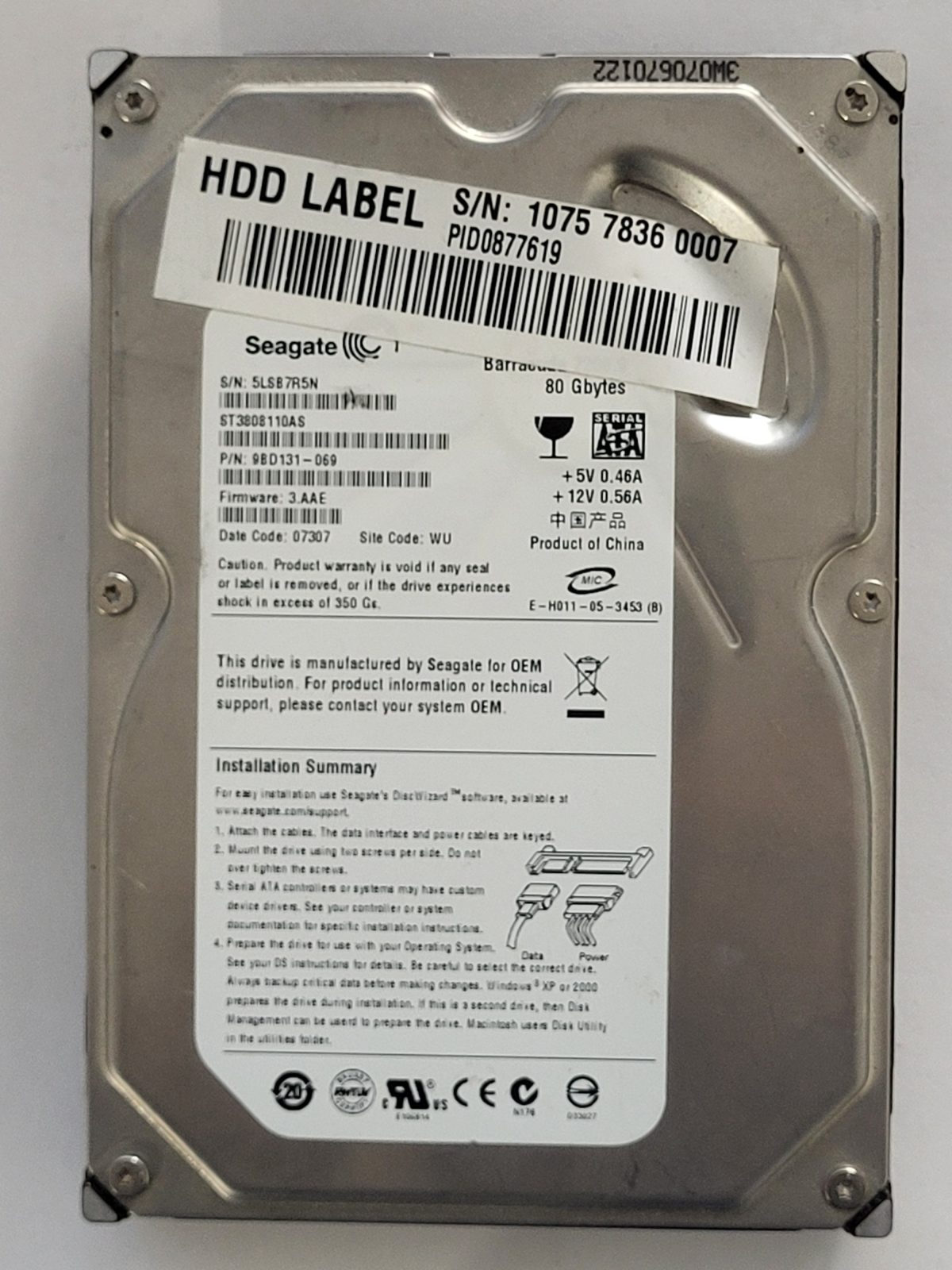ST3808110AS, PN:9BD131-069, SN:5LS, WU, FW:3.AAE, 07307 | Seagate 80Go 3,5" SATA HDD STK