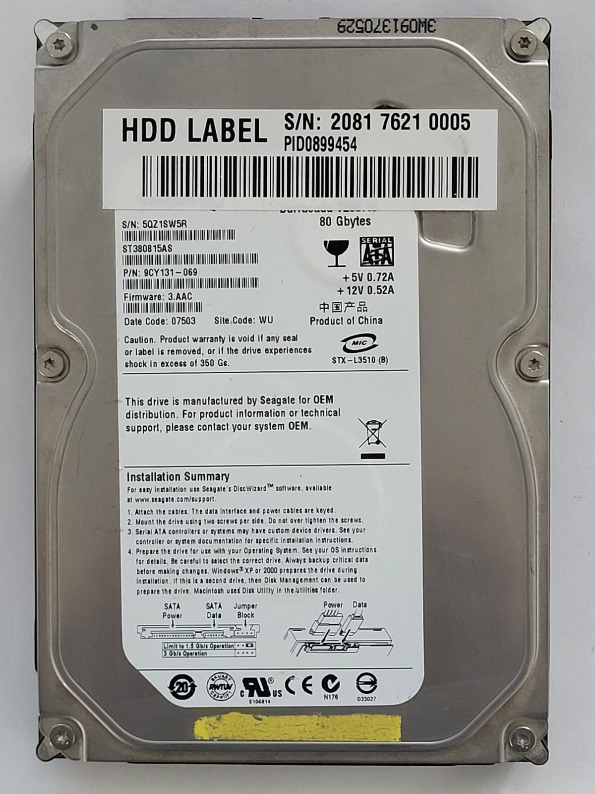 ST380815AS, PN:9CY131-069, SN:5QZ, WU, FW:3.AAC, 07503 | Seagate 80Go 3,5" SATA HDD STK
