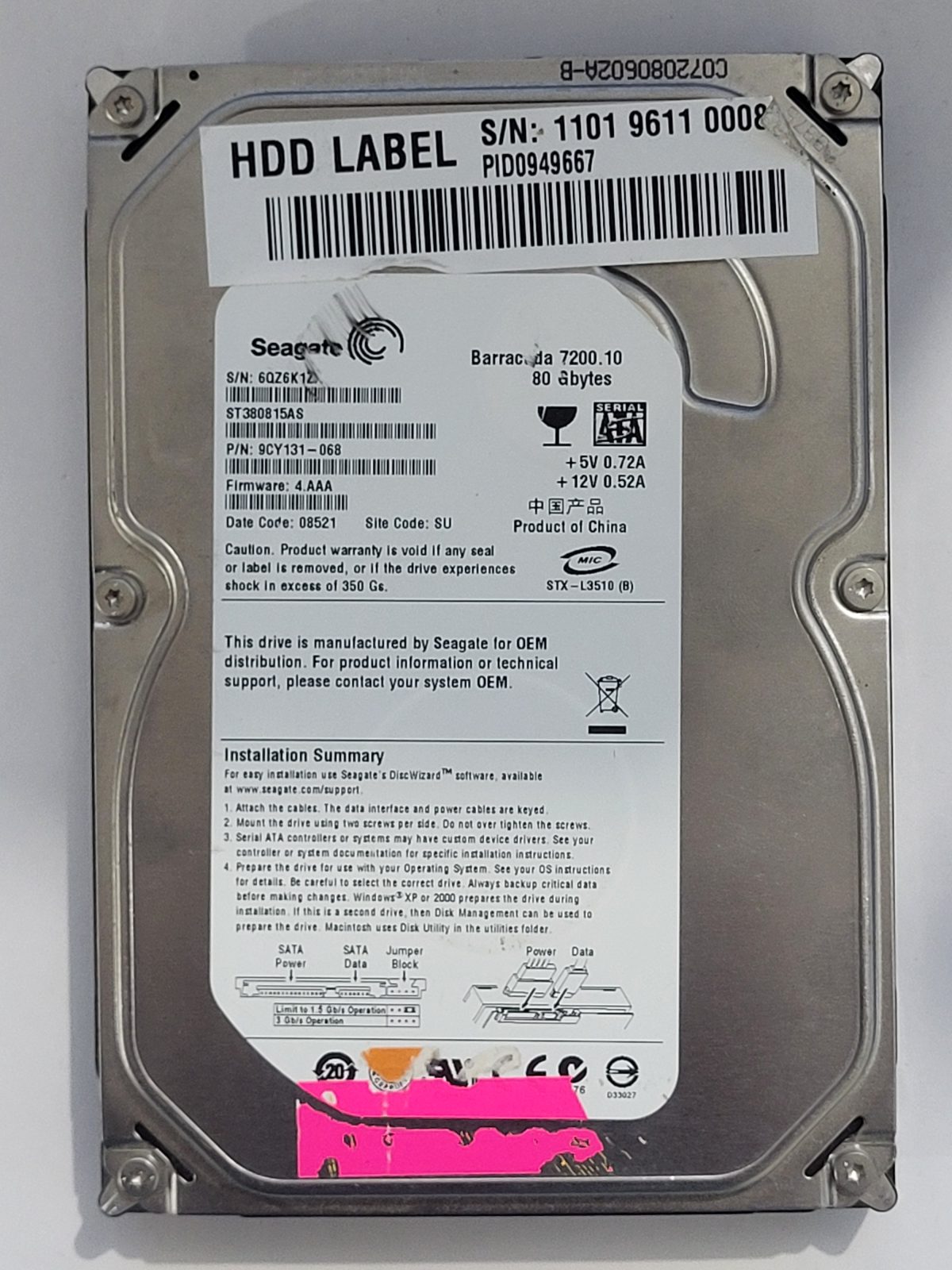 ST380815AS, PN:9CY131-068, SN:6QZ, SU, FW:4.AAA, 08521 | Seagate 80Go 3,5" SATA HDD STK