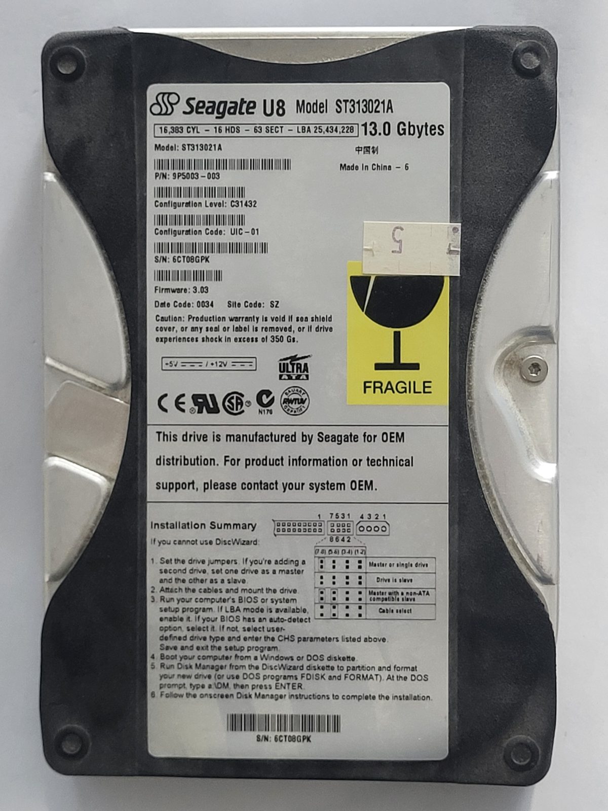 ST313021A, PN:9P5003-003, SN:6CT, SZ, FW:3.03, 0034 | Seagate 13Go 3,5" PATA HDD STK