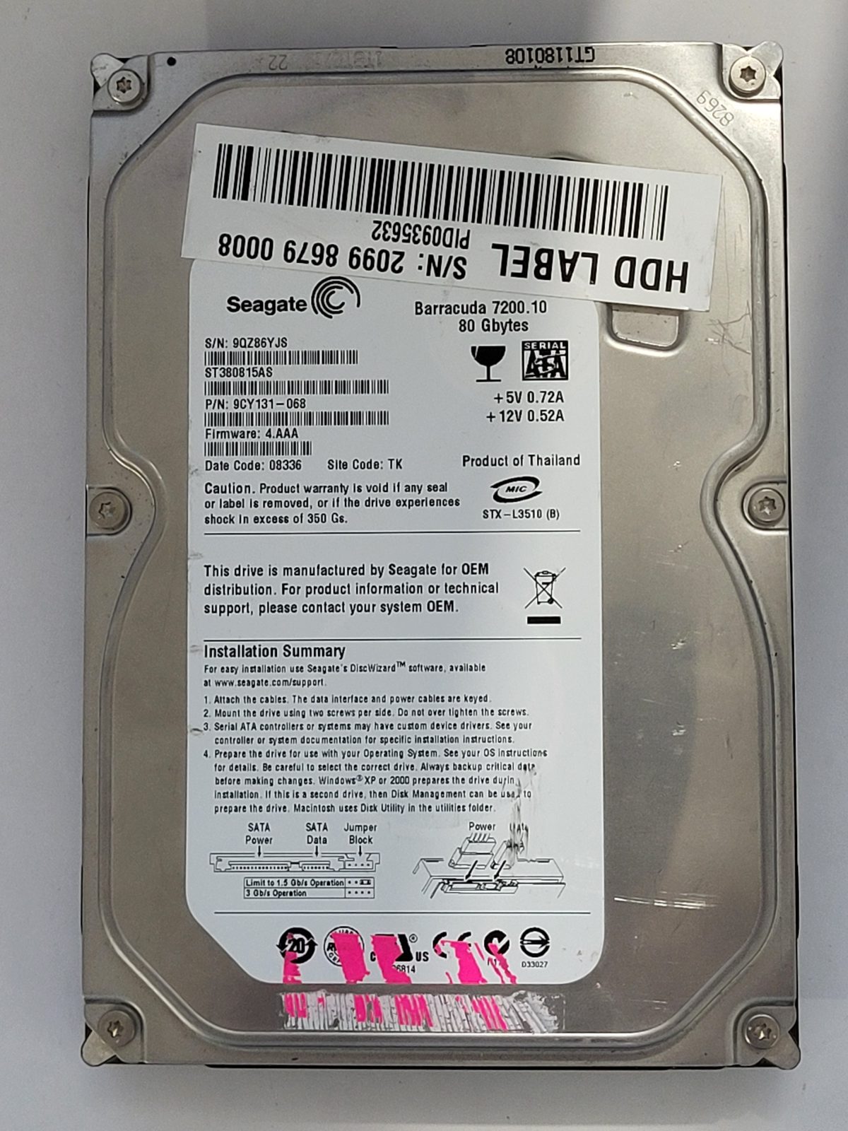 ST380815AS, PN:9CY131-068, SN:9QZ, TK, FW:4.AAA, 08336 | Seagate 80Go 3,5" SATA HDD STK