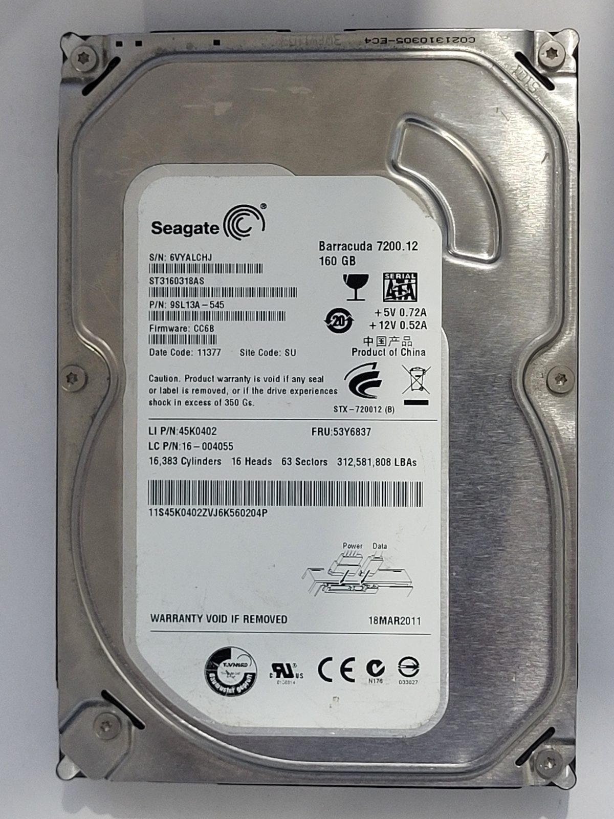 ST3160318AS, PN:9SL13A-545, SN:6VY, SU, FW:CC6B, 11377 | Seagate 160Go 3,5" SATA HDD STK