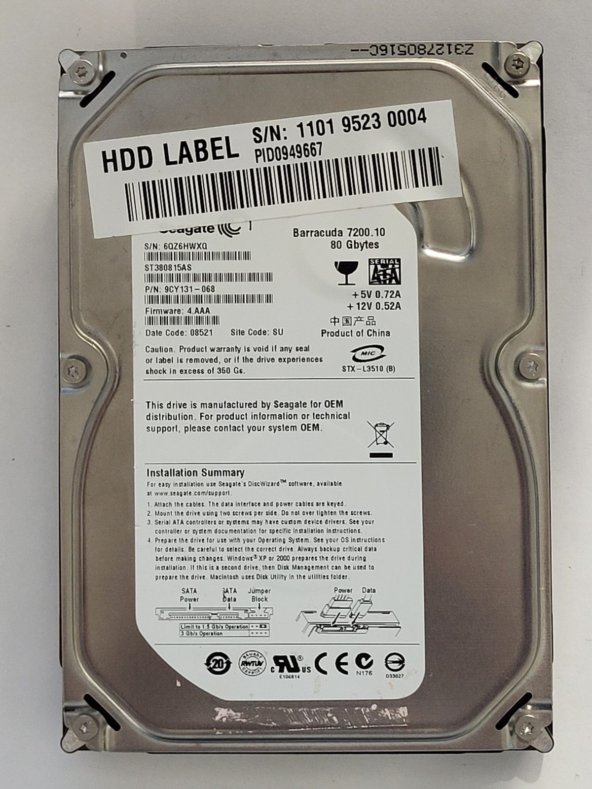 ST380815AS, PN:9CY131-068, SN:6QZ, SU, FW:4.AAA, 08521 | Seagate 80Go 3,5" SATA HDD STK