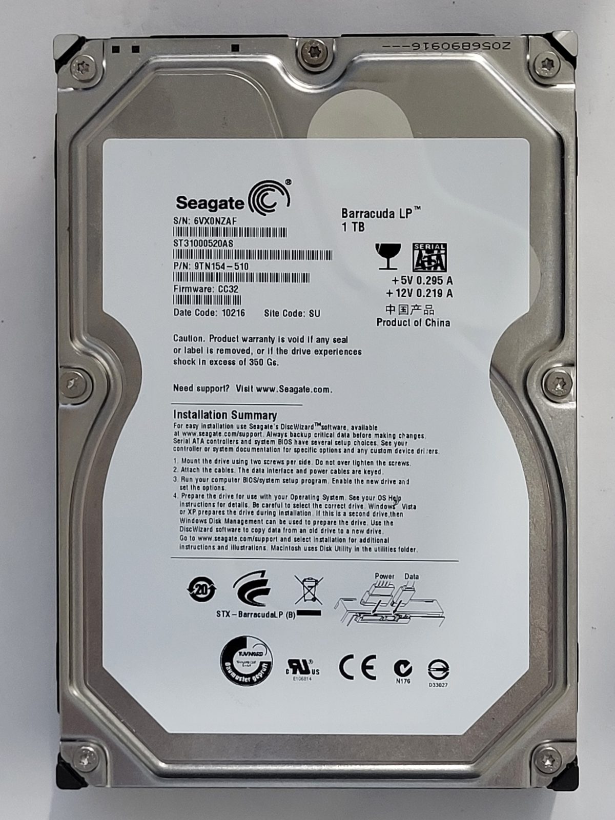 ST31000520AS, PN:9TN154-510, SN:6VX, SU, FW:CC32, 10216 | Seagate 1To 3,5" SATA HDD STK