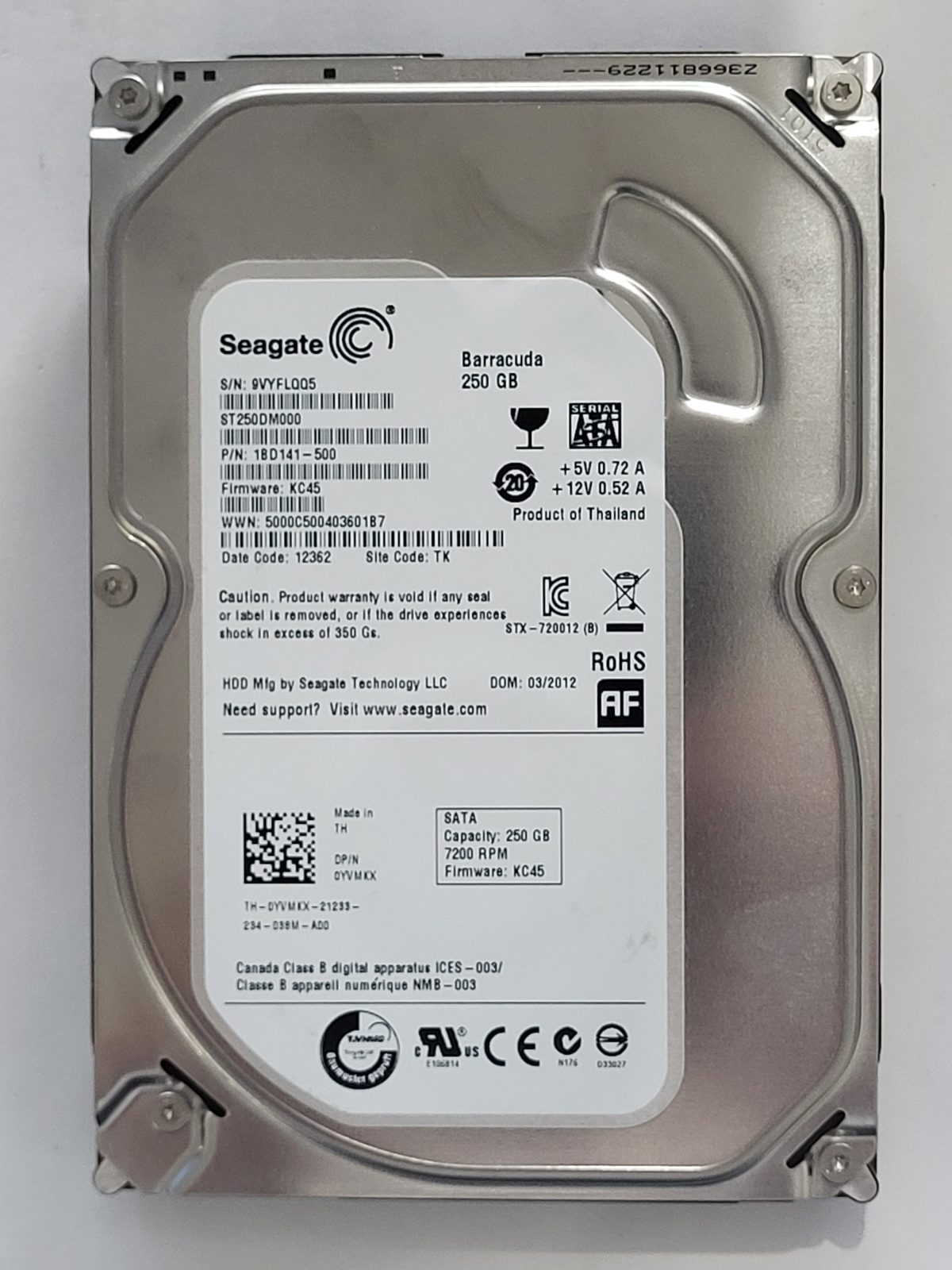 ST250DM000, PN:1BD141-500, SN:9VY, TK, FW:KC45, 12362 | Seagate 250Go 3,5" SATA HDD STK