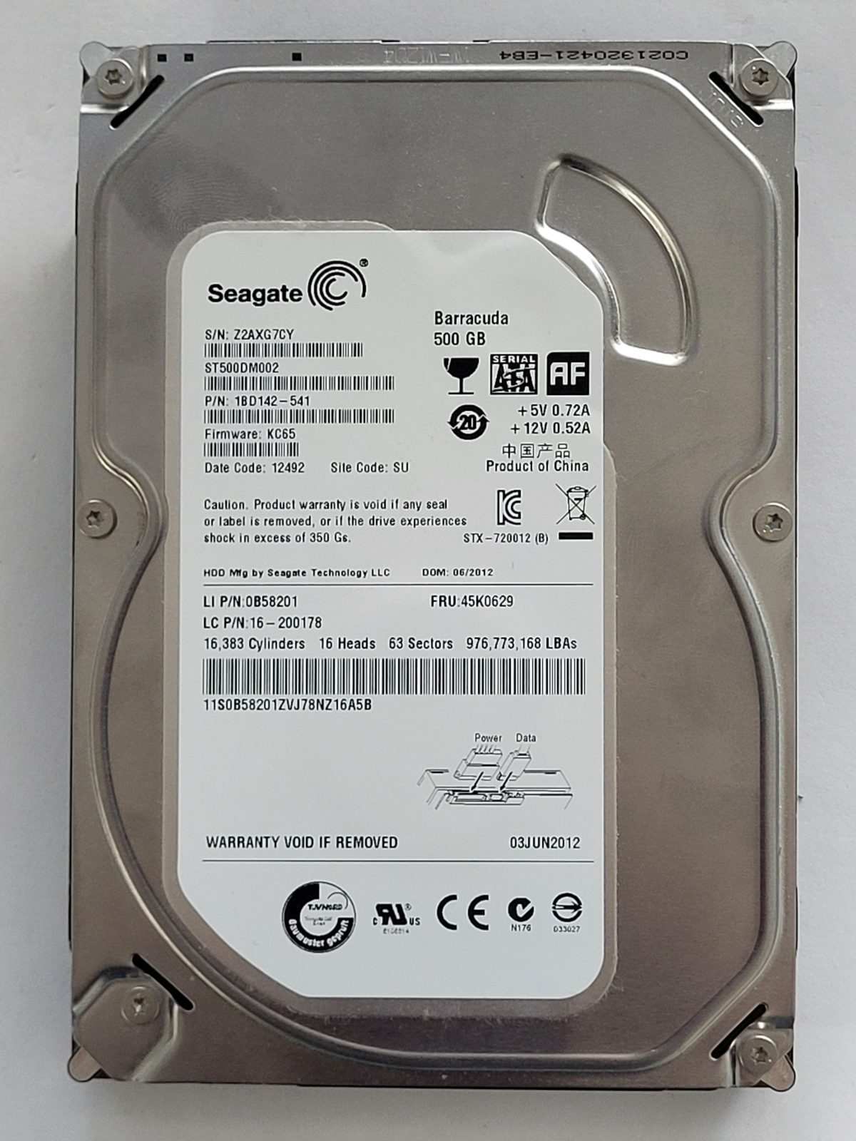 ST500DM002, PN:1BD142-541, SN:Z2A, SU, FW:KC65, 12492 | Seagate 500Go 3,5" SATA HDD STK
