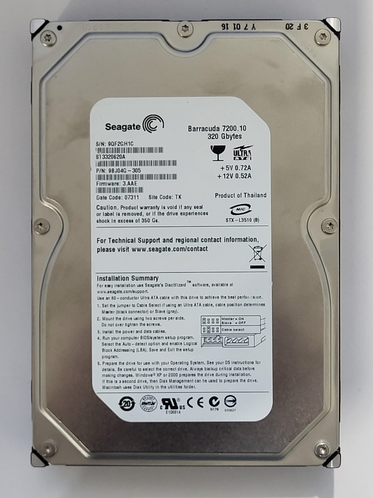 ST3320620A, PN:9BJ04G-305, SN:9QF, TK, FW:3.AAE, 07311 | Seagate 320Go 3,5" PATA HDD STK