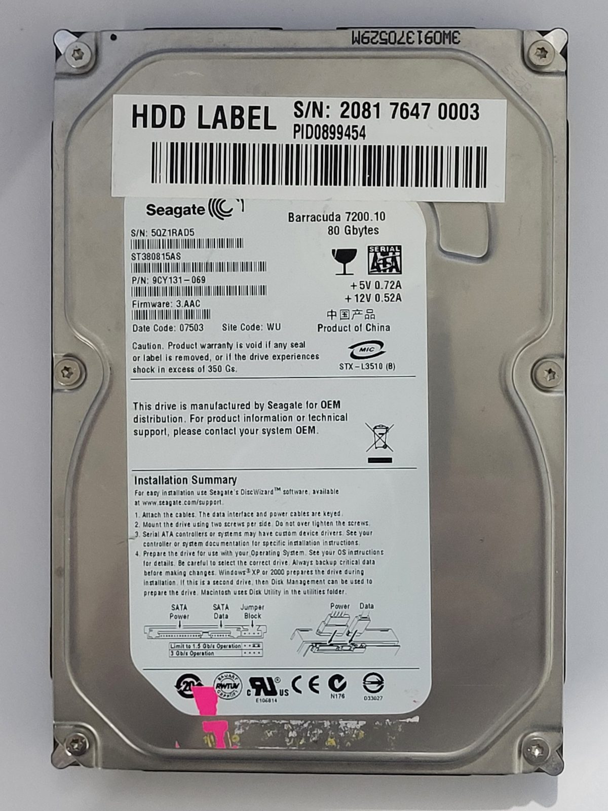 ST380815AS, PN:9CY131-069, SN:5QZ, WU, FW:3.AAC, 07503 | Seagate 80Go 3,5" SATA HDD STK
