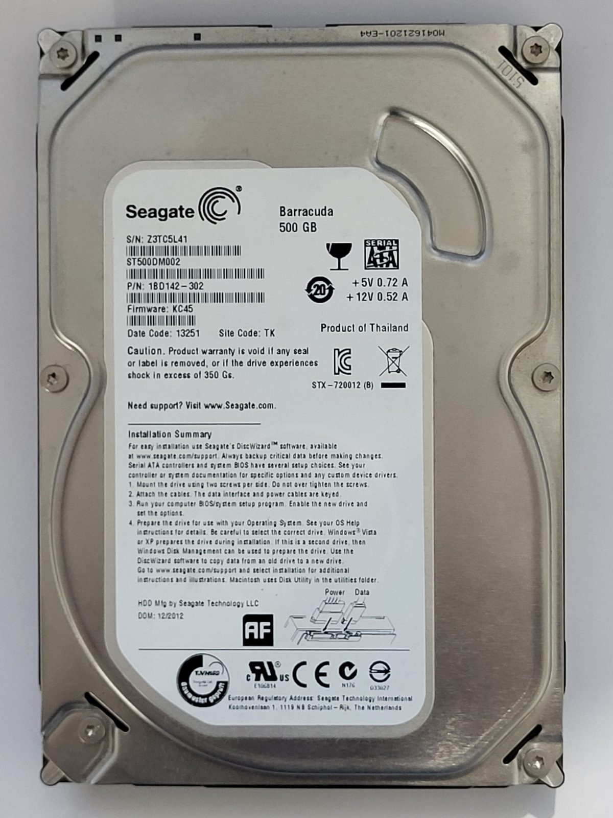 ST500DM002, PN:1BD142-302, SN:Z3T, TK, FW:KC45, 13251 | Seagate 500Go 3,5" SATA HDD STK