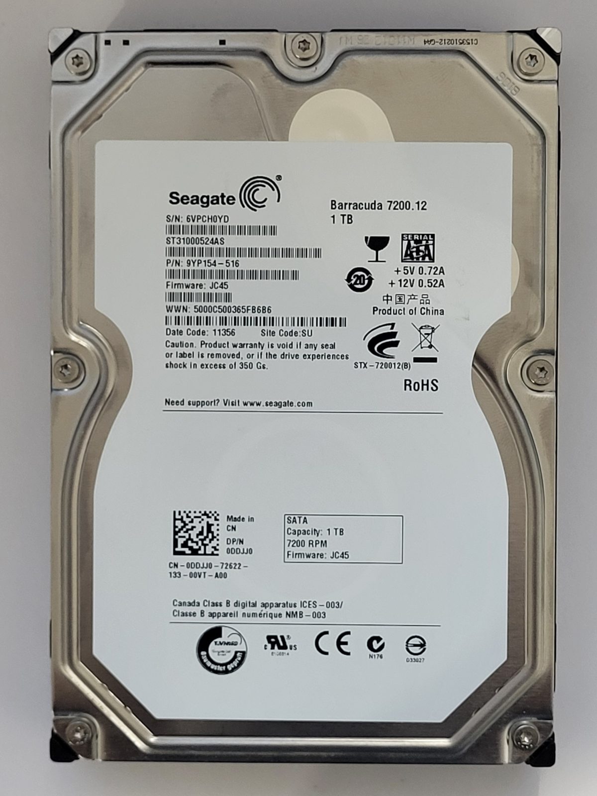 ST31000524AS, PN:9YP154-516, SN:6VP, SU, FW:JC45, 11356 | Seagate 1To 3,5" SATA HDD STK