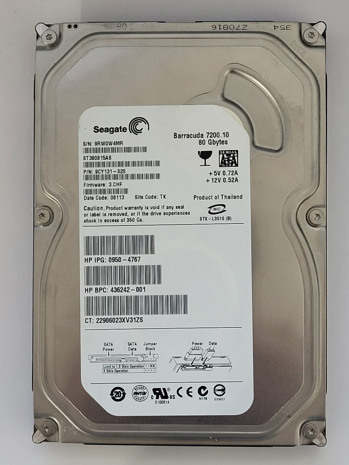 ST380815AS, PN:9CY131-020, SN:9RW, TK, FW:3.CHF, 08113 | Seagate 80Go 3,5" SATA HDD STK