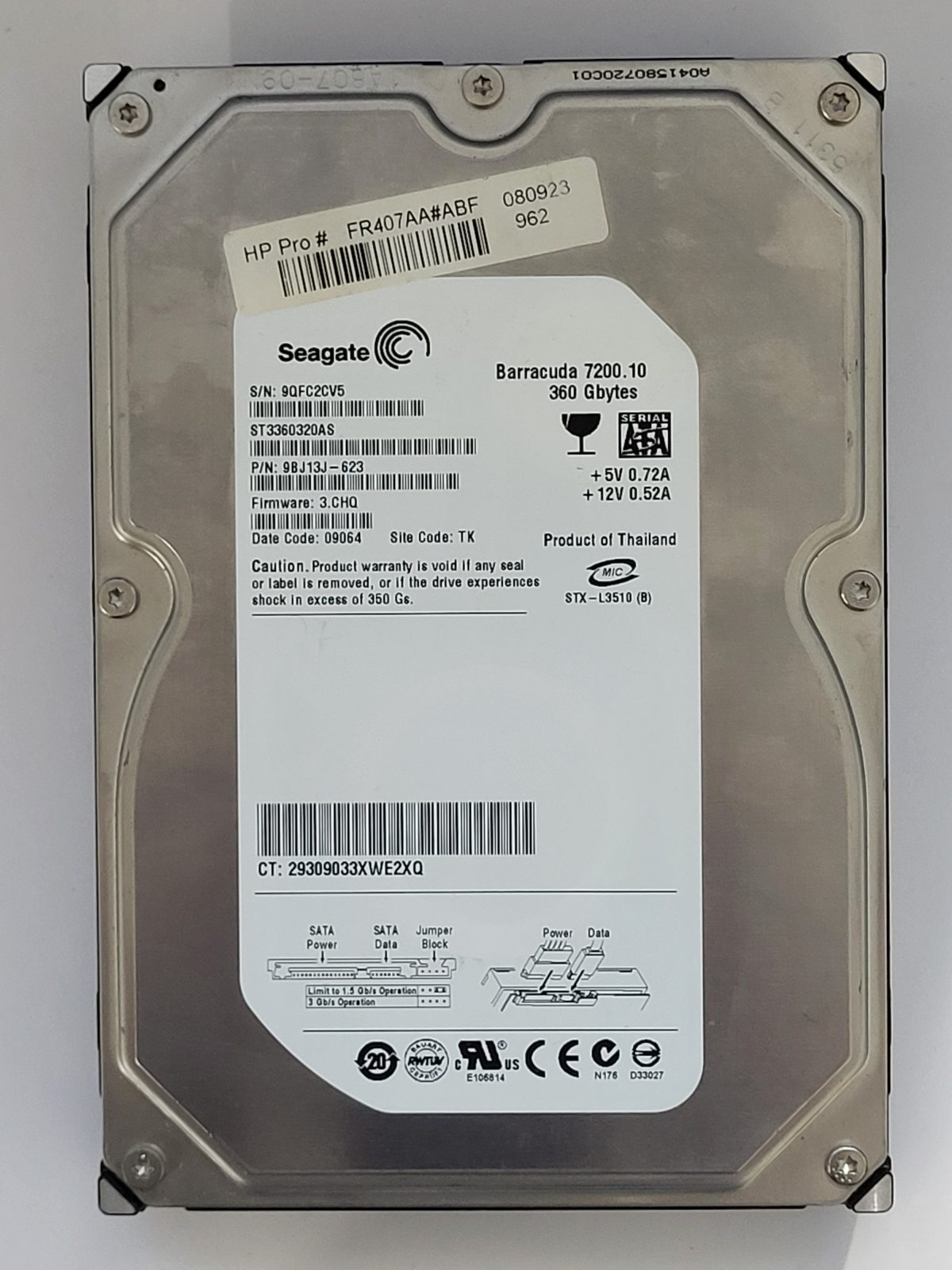 ST3360320AS, PN:9BJ13J-623, SN:9QF, TK, FW:3.CHQ, 09064 | Seagate 360Go 3,5" SATA HDD STK