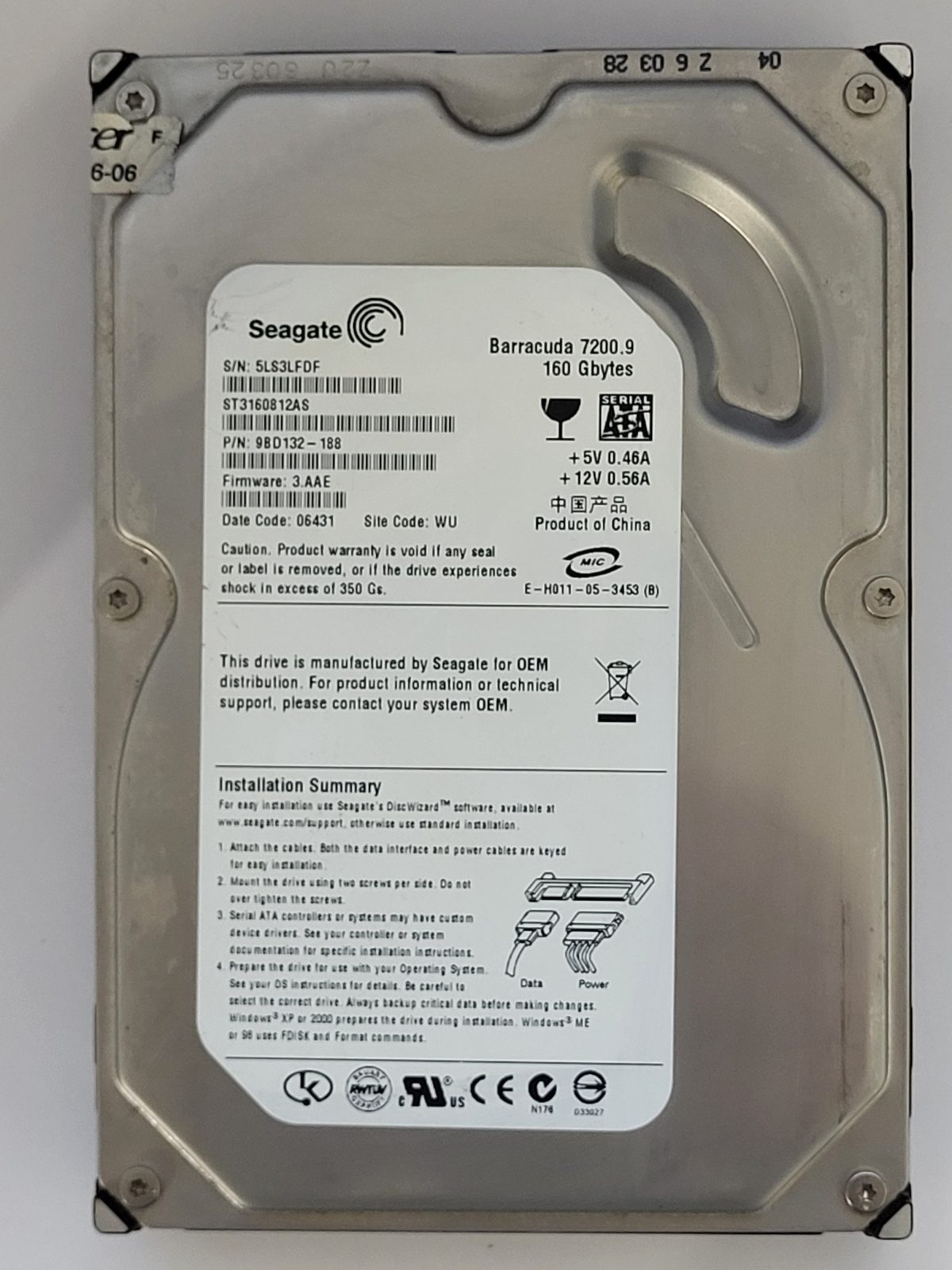 ST3160812AS, PN:98D132-188, SN:5LS, WU, FW:3.AAE, 06431 | Seagate 160Go 3,5" SATA HDD STK