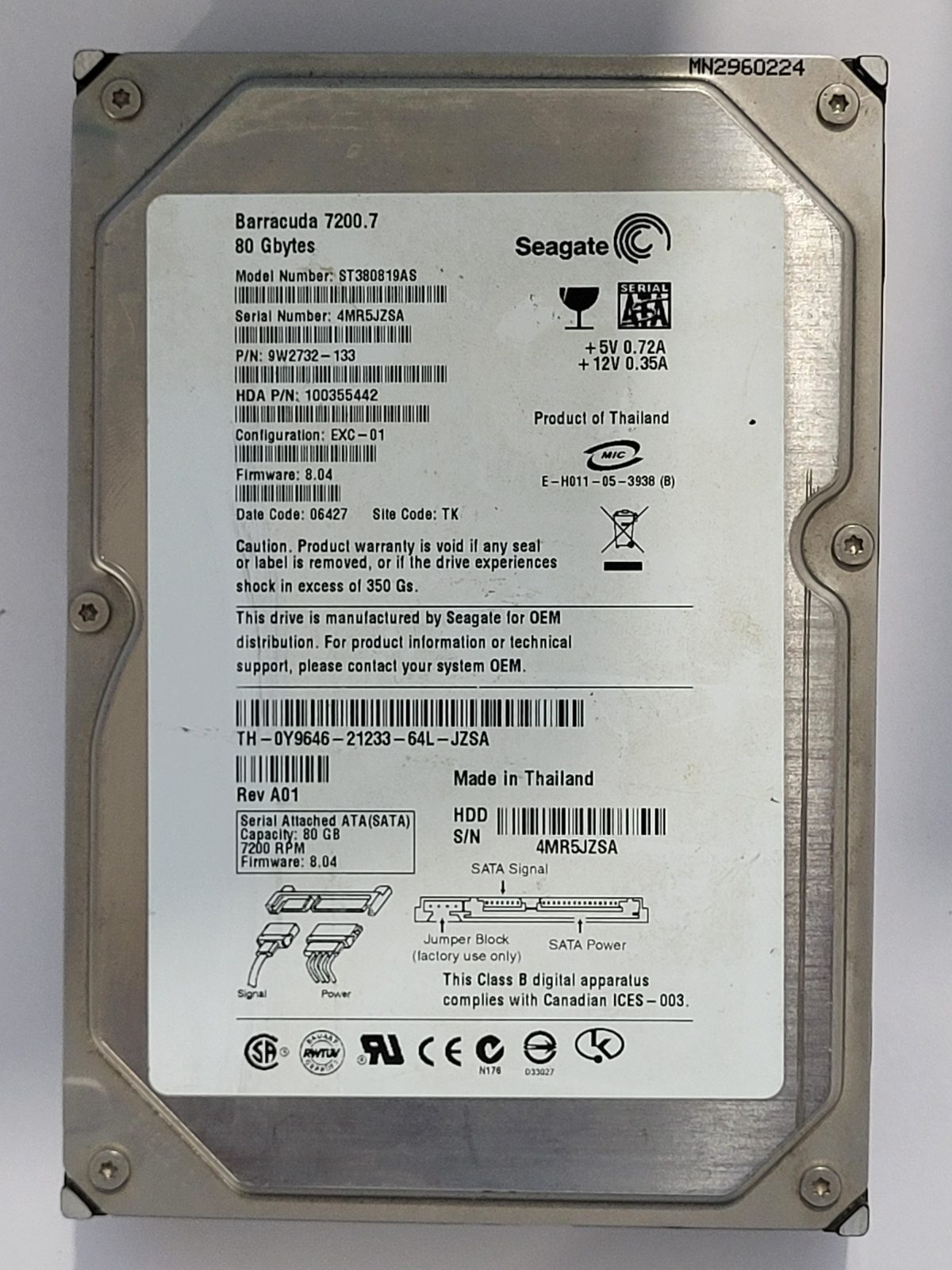 ST380819AS, PN:9W2732-133, SN:4MR, TK, FW:8.04, 06427 | Seagate 80Go 3,5" SATA HDD STK