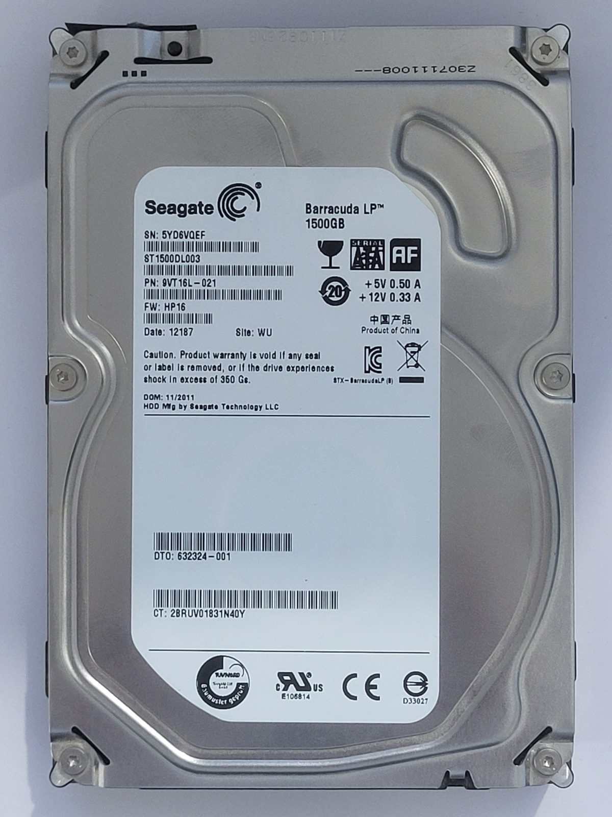 ST1500DL003, PN:9VT16L-021, SN:5YD, WU, FW:HP16, 12187 | Seagate 1,5To 3,5" SATA HDD STK