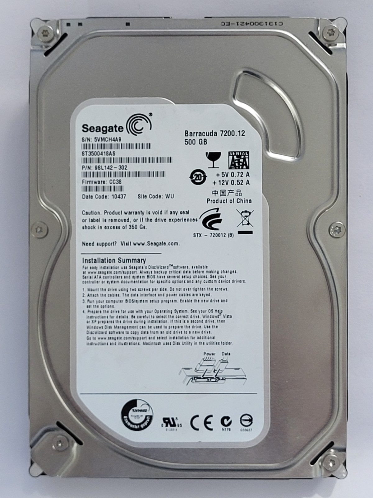 ST3500418AS, PN:9SL142-302, SN:5VM, WU, FW:CC38, 10437 | Seagate 500Go 3,5" SATA HDD STK