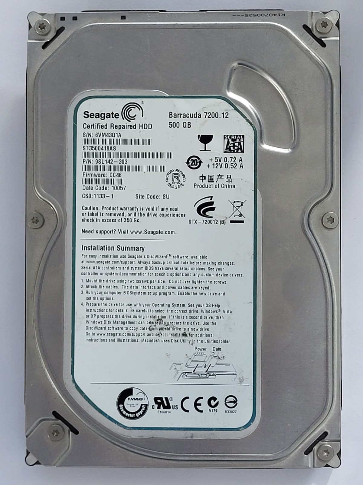 ST3500418AS, PN:9SL142-303, SN:6VM, SU, FW:CC46, 10057 | Seagate 500Go 3,5" SATA HDD STK