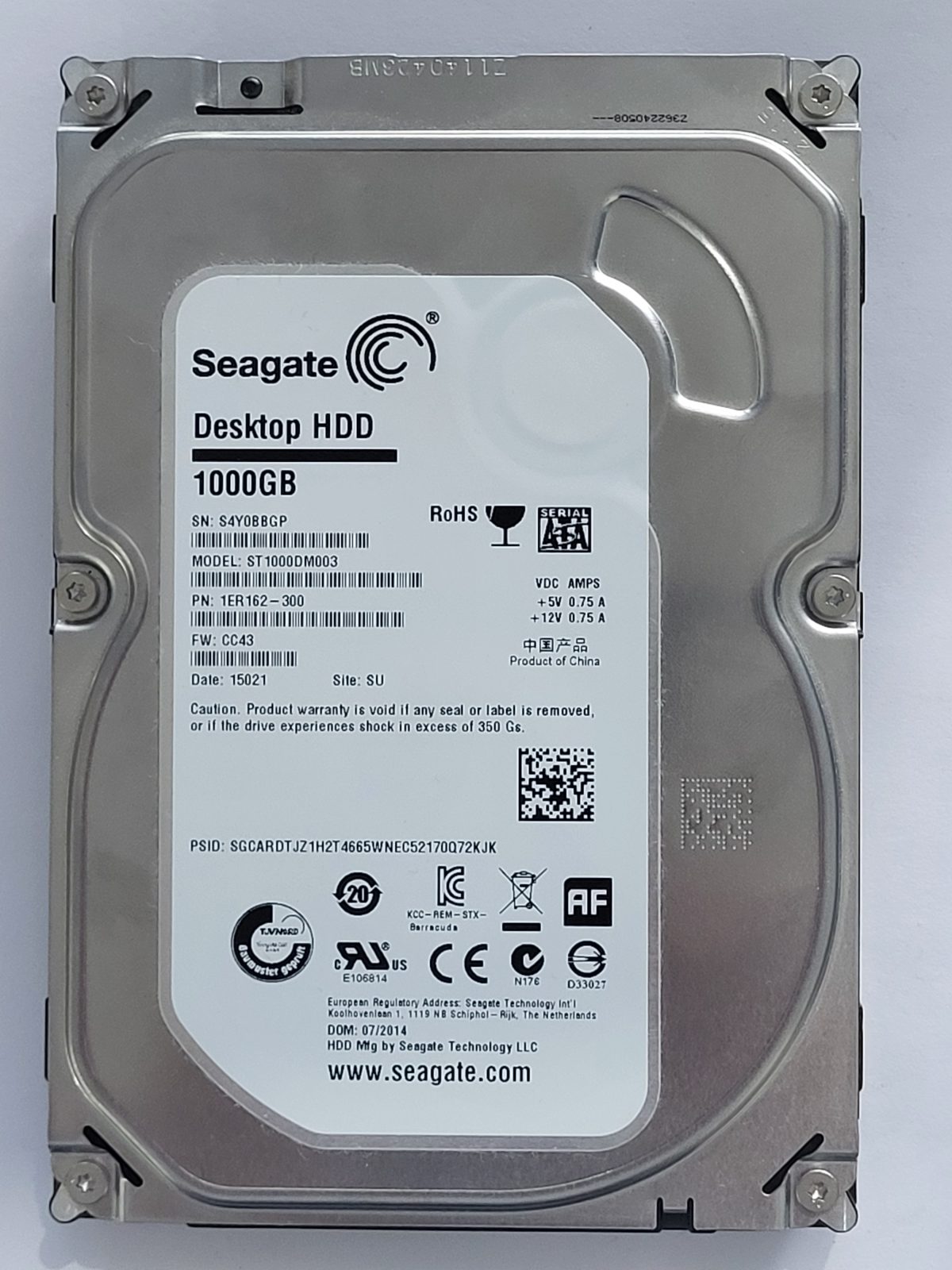ST1000DM003, PN:1ER162-300, SN:S4Y, SU, FW:CC43, 15021 | Seagate 1To 3,5" SATA HDD STK