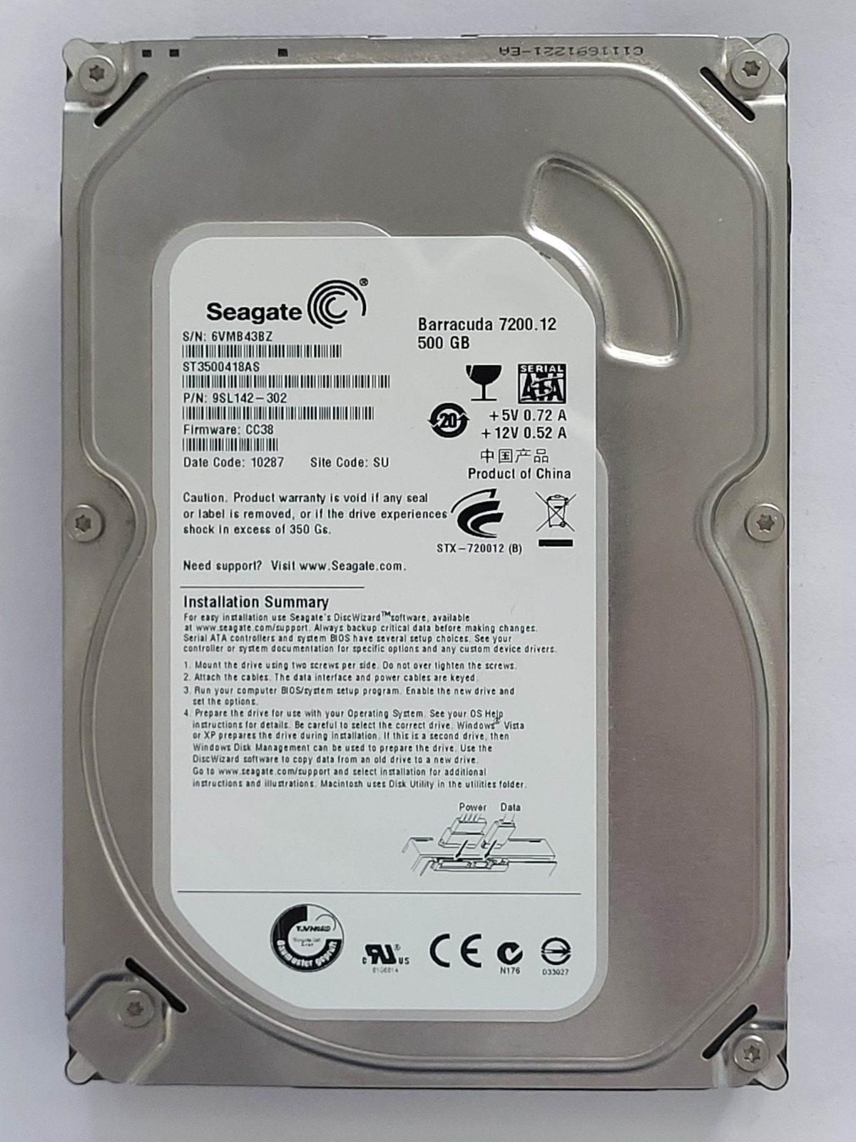 ST3500418AS, PN:9SL142-302, SN:6VM, SU, FW:CC38, 10287 | Seagate 500Go 3,5" SATA HDD STK