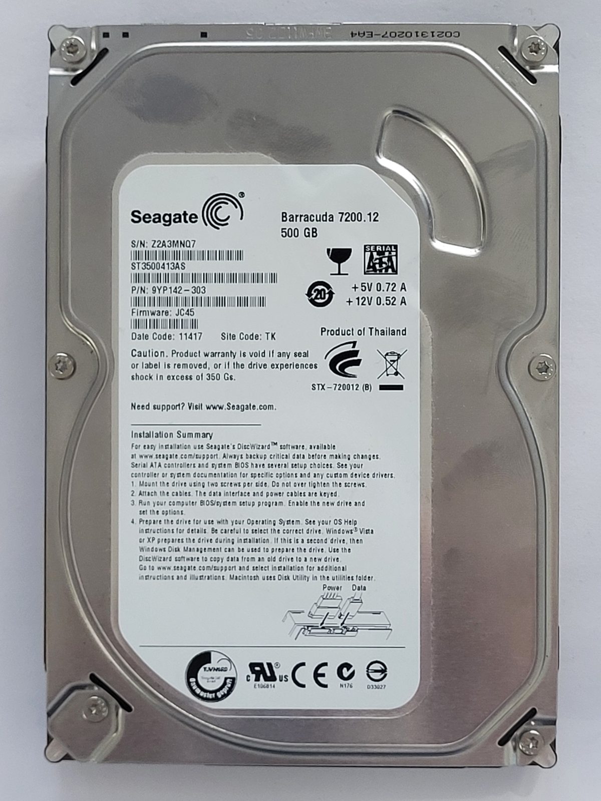 ST3500413AS, PN:9YP142-303, SN:Z2A, TK, FW:JC45, 11417 | Seagate 500Go 3,5" SATA HDD STK