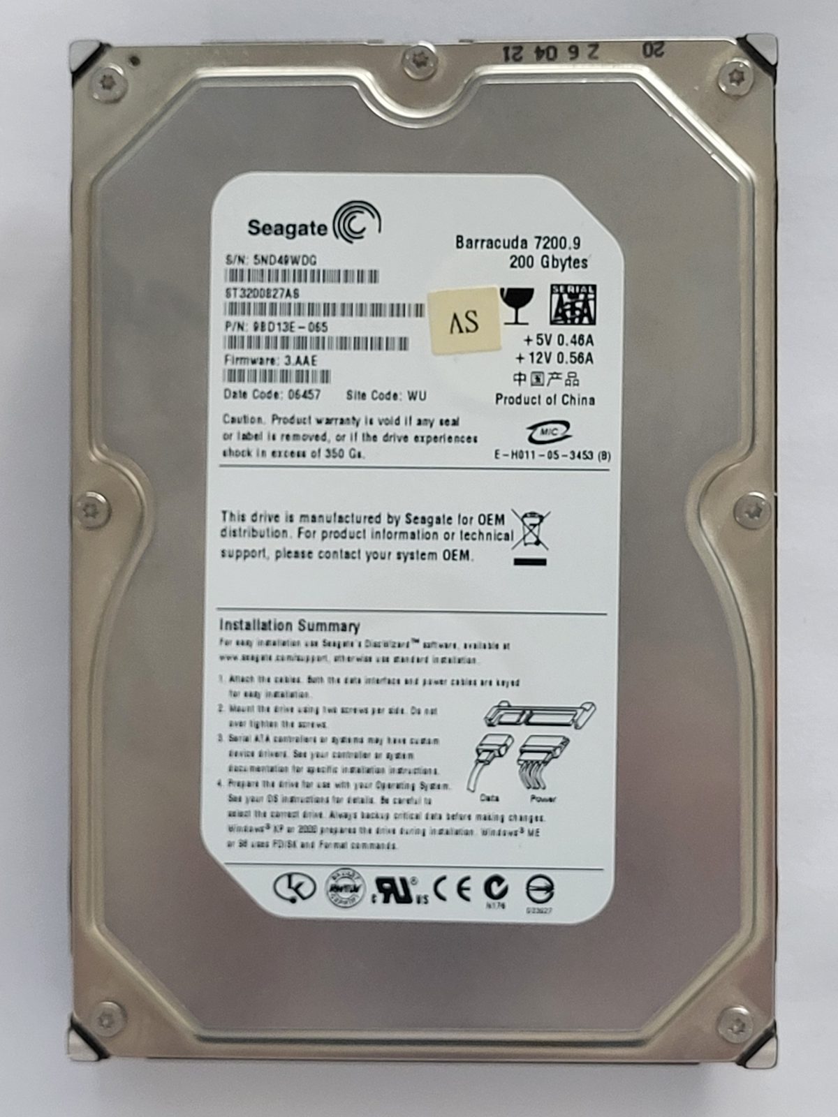 ST3200827AS, PN:9BD13E-065, SN:5ND, WU, FW:3.AAE, 06457 | Seagate 200Go 3,5" SATA HDD STK