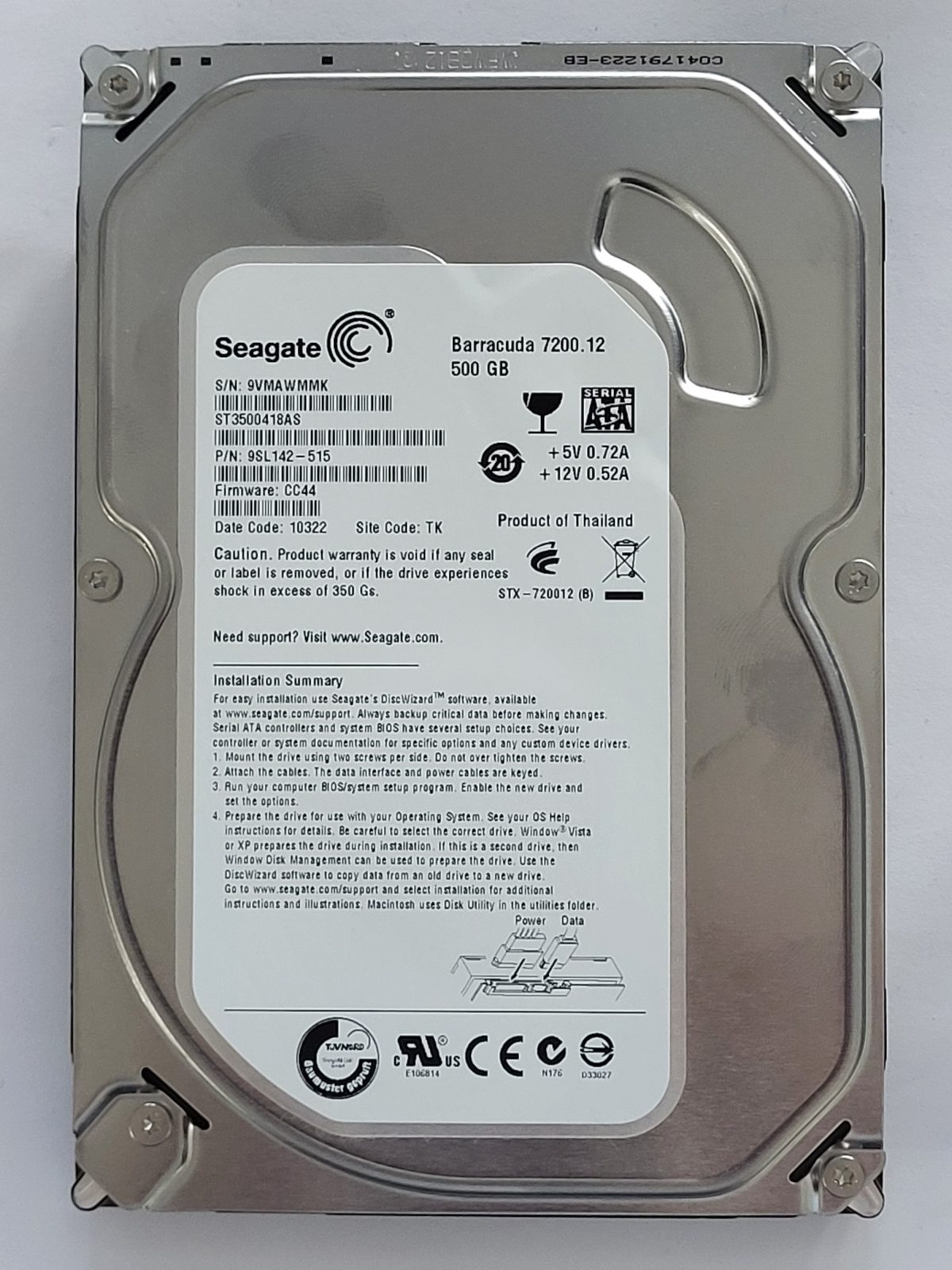 ST3500418AS, PN:9SL142-515, SN:9VM, TK, FW:CC44, 10322 | Seagate 500Go 3,5" SATA HDD STK