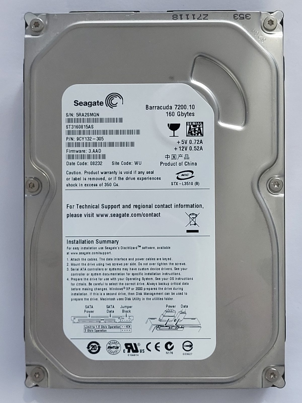ST3160815AS, PN:9CY132-305, SN:5RA, WU, FW:3.AAD, 08232 | Seagate 160Go 3,5" SATA HDD STK