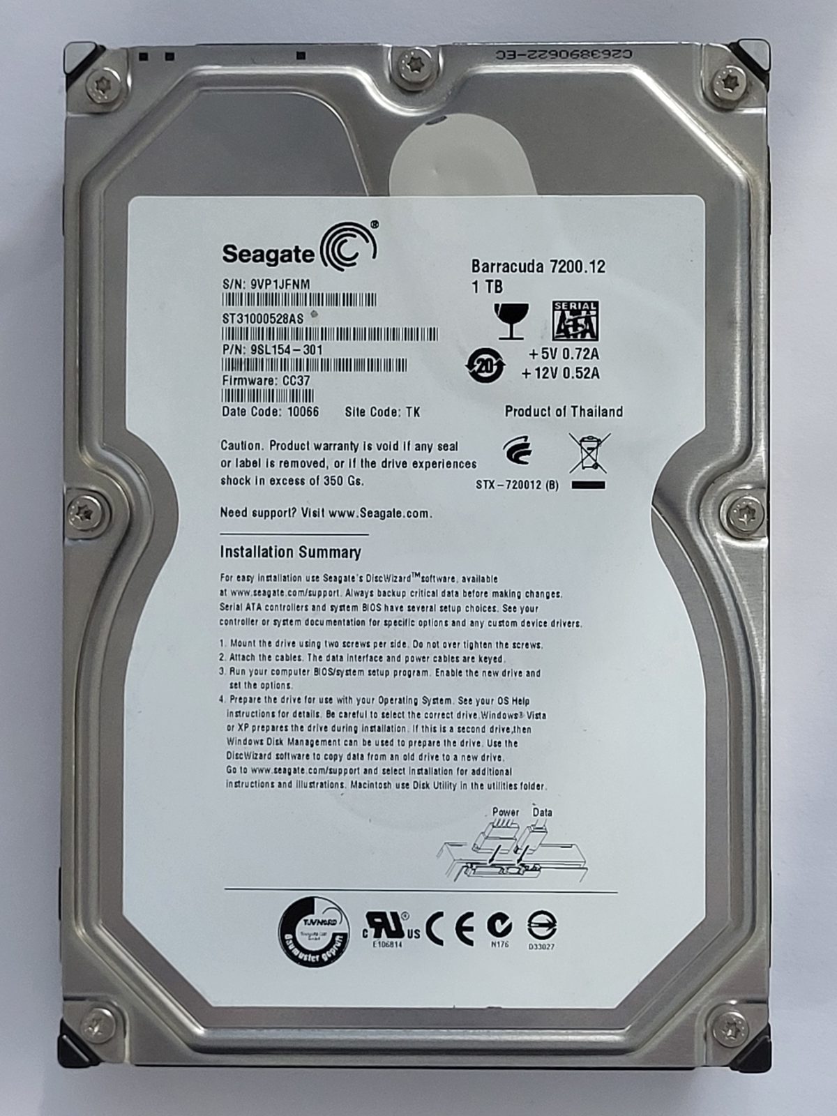 ST31000528AS, PN:9SL154-301, SN:9VP, TK, FW:CC37, 10066 | Seagate 1To 3,5" SATA HDD STK