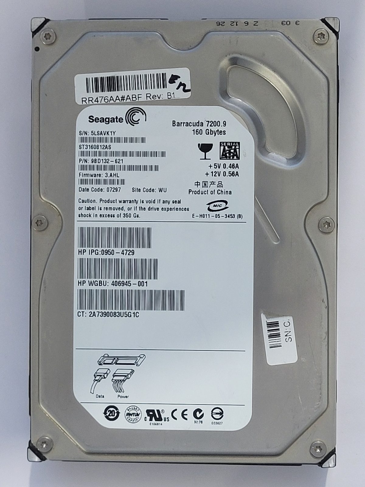 ST3160812AS, PN:9BD132-621, SN:5LS, WU, FW:3.AHL, 07297 | Seagate 160Go 3,5" SATA HDD STK