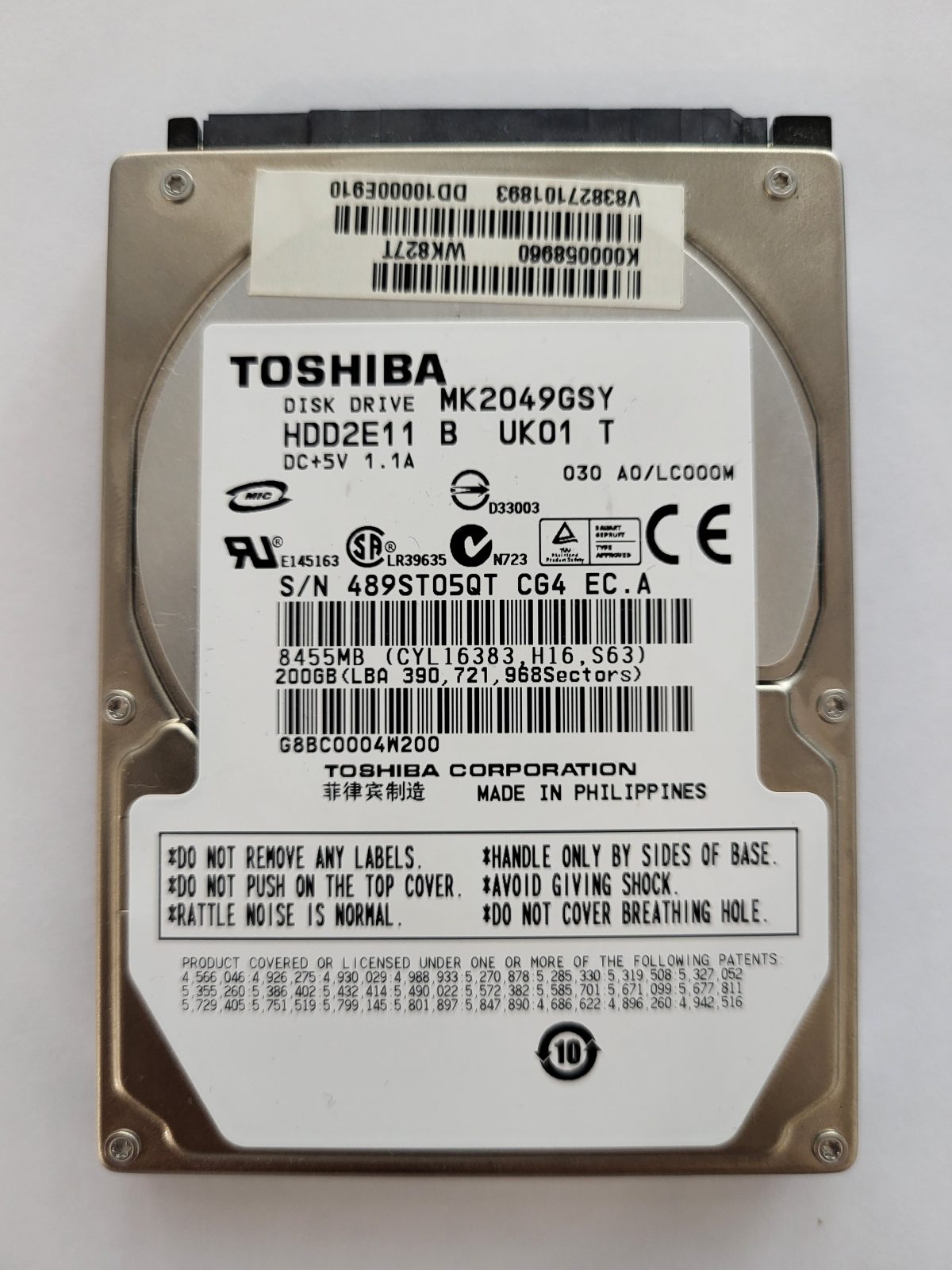 MK2049GSY, HDD2E11 B UK01 T, FW: A0/LC000M, -, Toshiba 200Gb 2.5" HDD STK