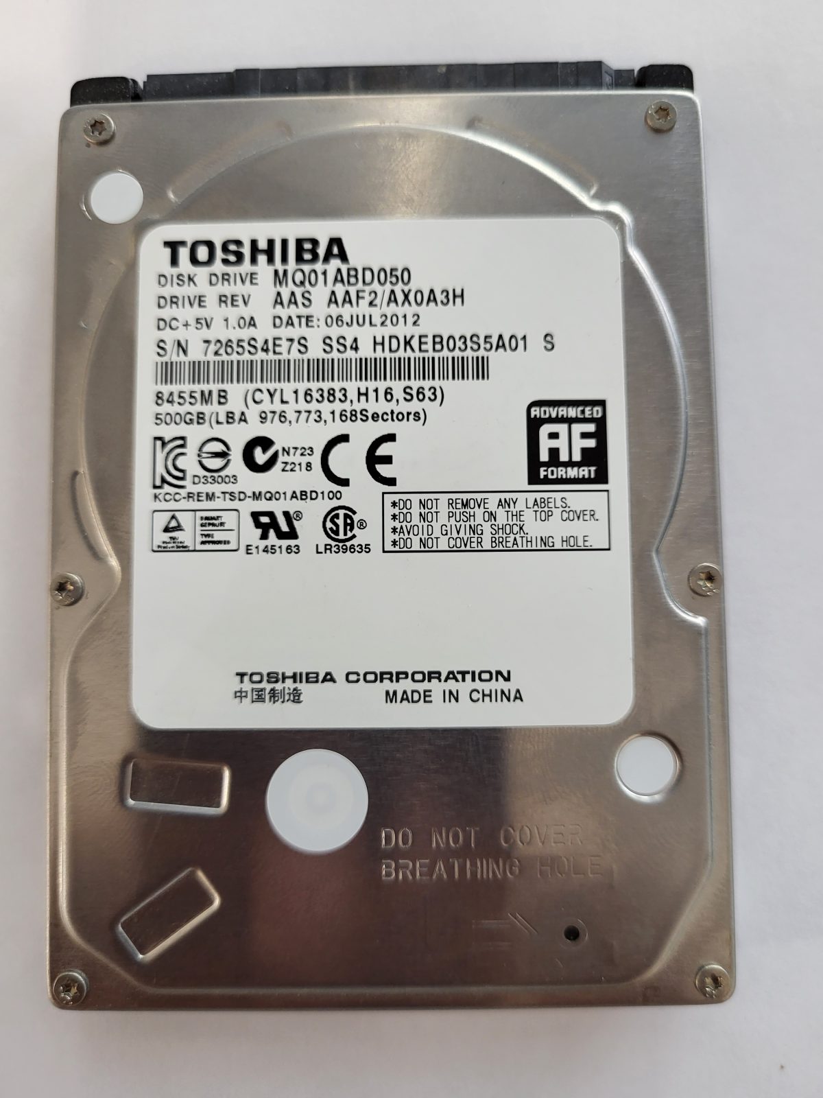 MQ01ABD050, HDKEB03S5A01 S, FW: AAF2/AX0A3H, 06 JUL 2012, Toshiba 500Gb 2.5" HDD STK