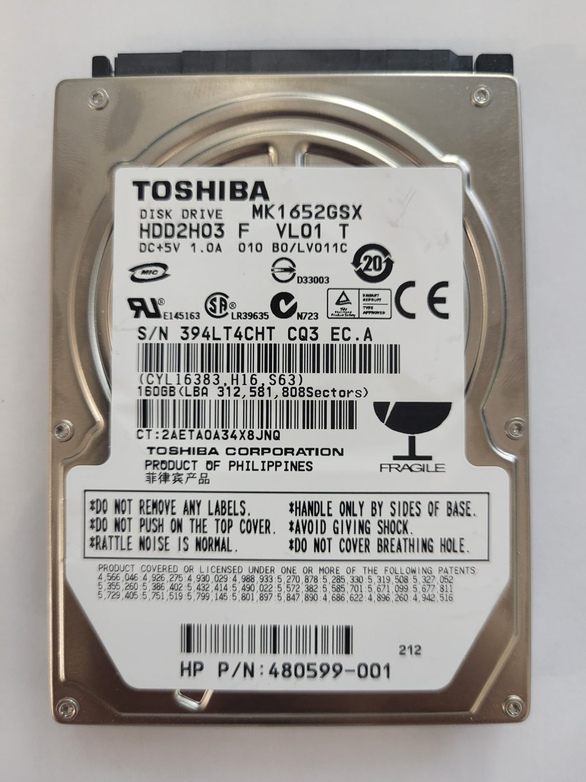 MK1652GSX, HDD2H03 F VL01 T, FW: B0/LV011C, -, Toshiba 160Gb 2.5" HDD STK
