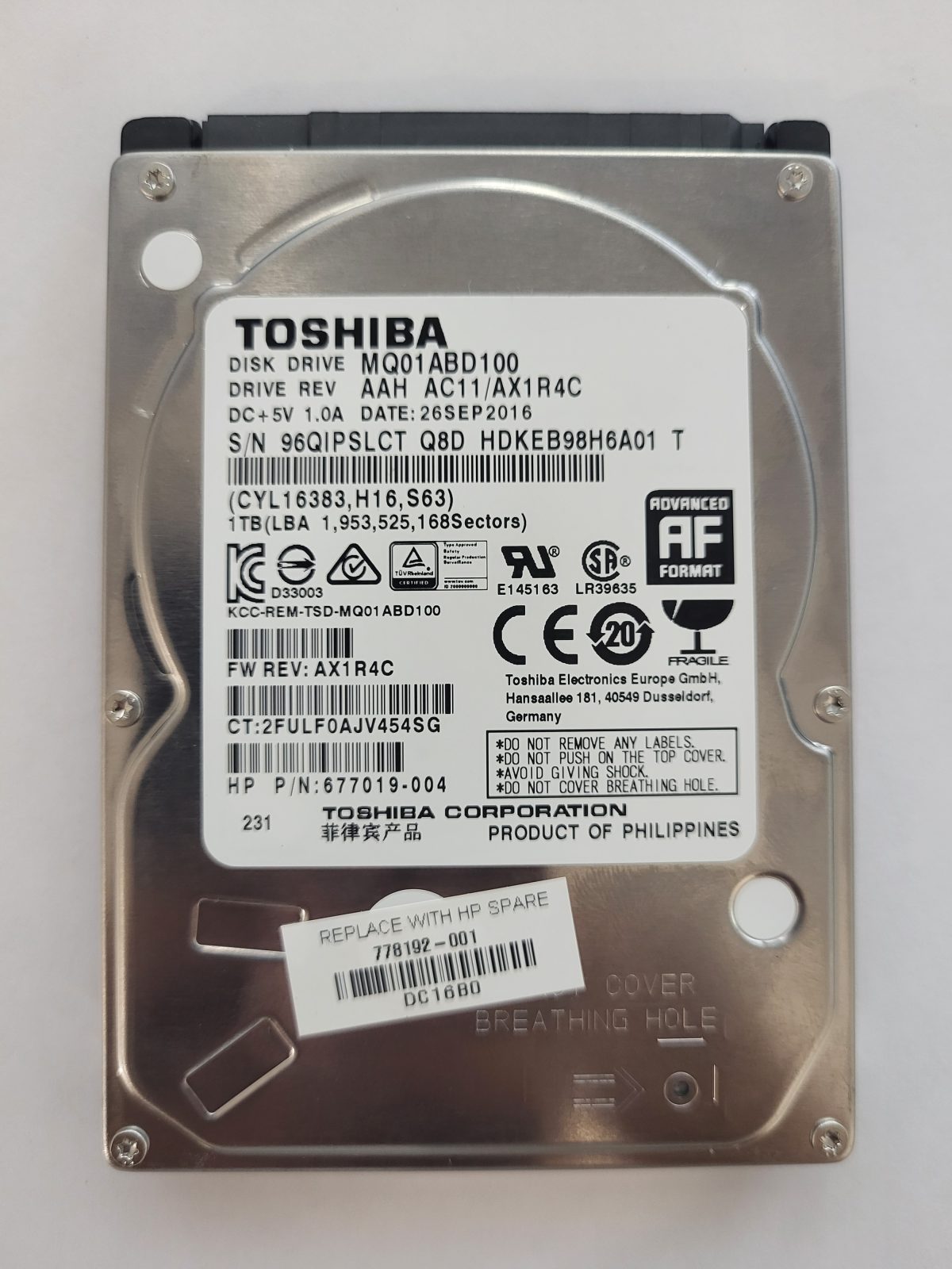 MQ01ABD100, HDKEB98H6A01 T, FW: AC11/AX1R4C, 26 SEP 2016, Toshiba 1Tb 2.5" HDD STK