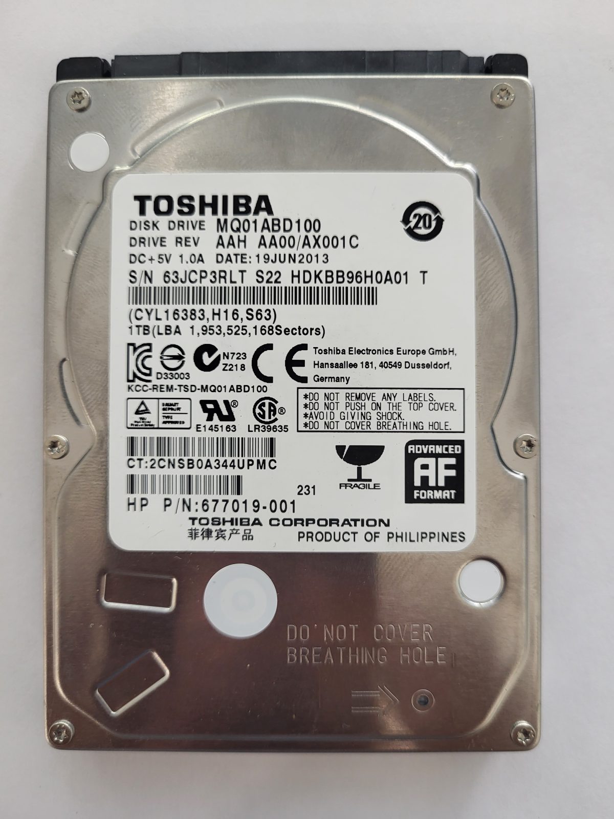MQ01ABD100, HDKBB96H0A01 T, FW: AA0/AX001C, 19 JUN 2013, Toshiba 1Tb 2.5" HDD STK