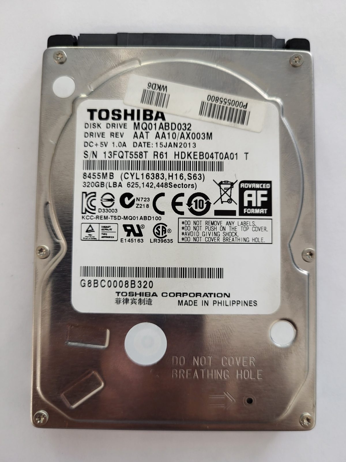 MQ01ABD032, HDKEB04T0A01 T, FW: AA10/AX003M, 15 JAN 2013, Toshiba 320Gb 2.5" HDD STK
