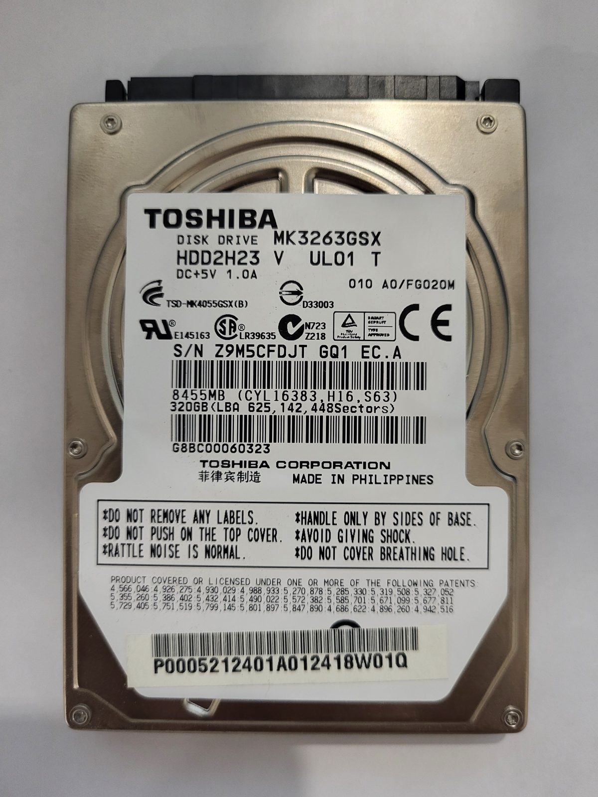 MK3263GSX, HDD2H23 V UL01 T, FW: A0/FG020M, -, Toshiba 320Gb 2.5" HDD STK