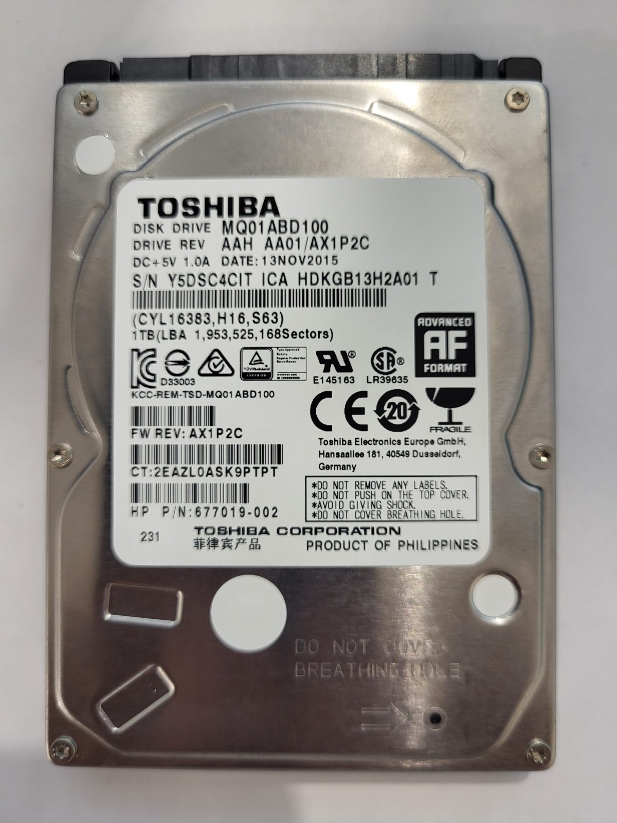 MQ01ABD100, HDKGB13H2A01 T, FW: AA01/AX1P2C, 13 NOV 2015, Toshiba 1Tb 2.5" HDD STK