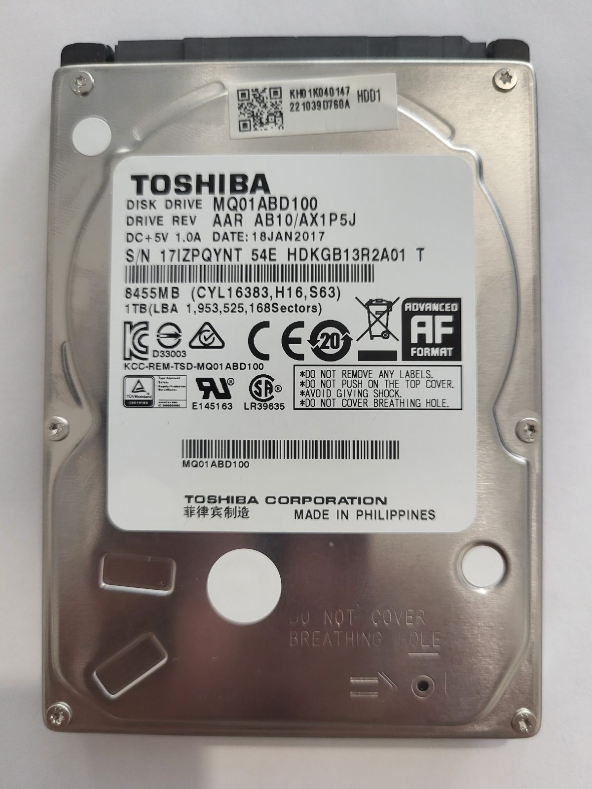 MQ01ABD100, HDKGB13R2A01 T, FW: AB10/AX1P5J, 18 JAN 2017, Toshiba 1Tb 2.5" HDD STK