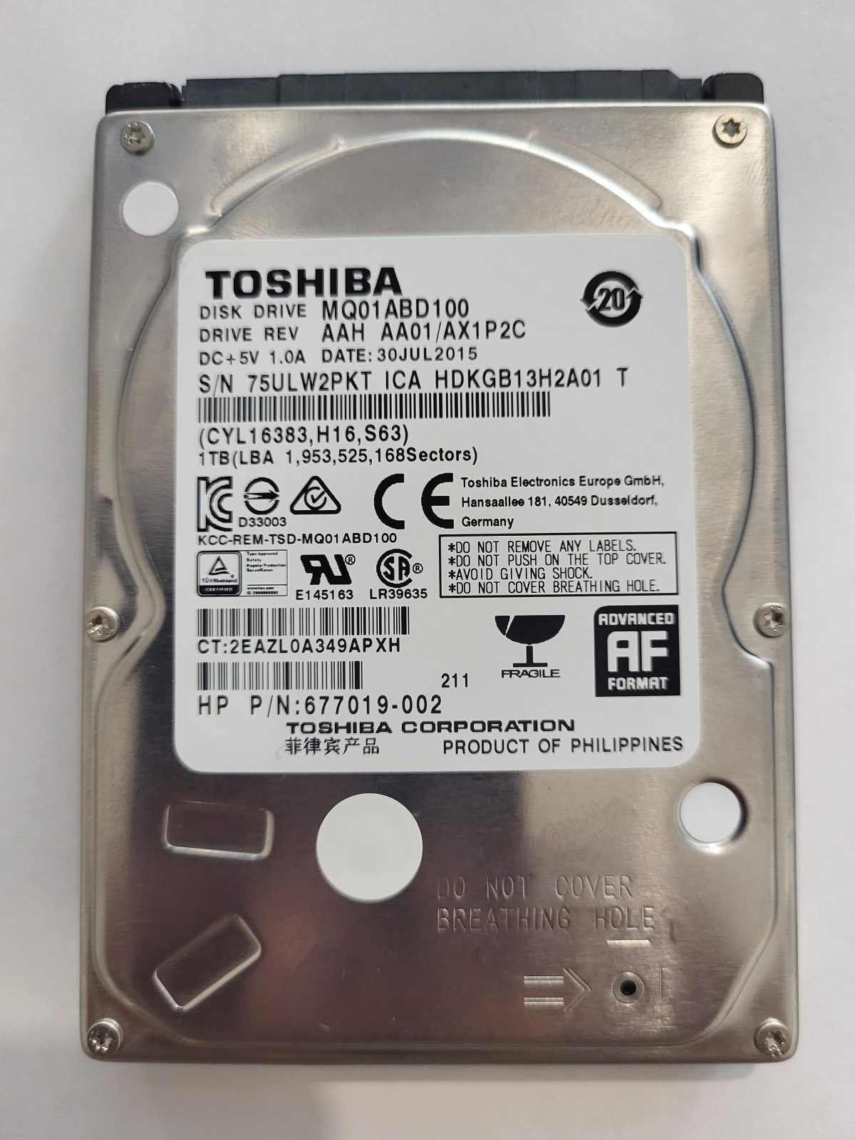 MQ01ABD100, HDKGB13H2A01 T, FW: AA01/AX1P2C, 30 JUL 2015, Toshiba 1Tb 2.5" HDD STK
