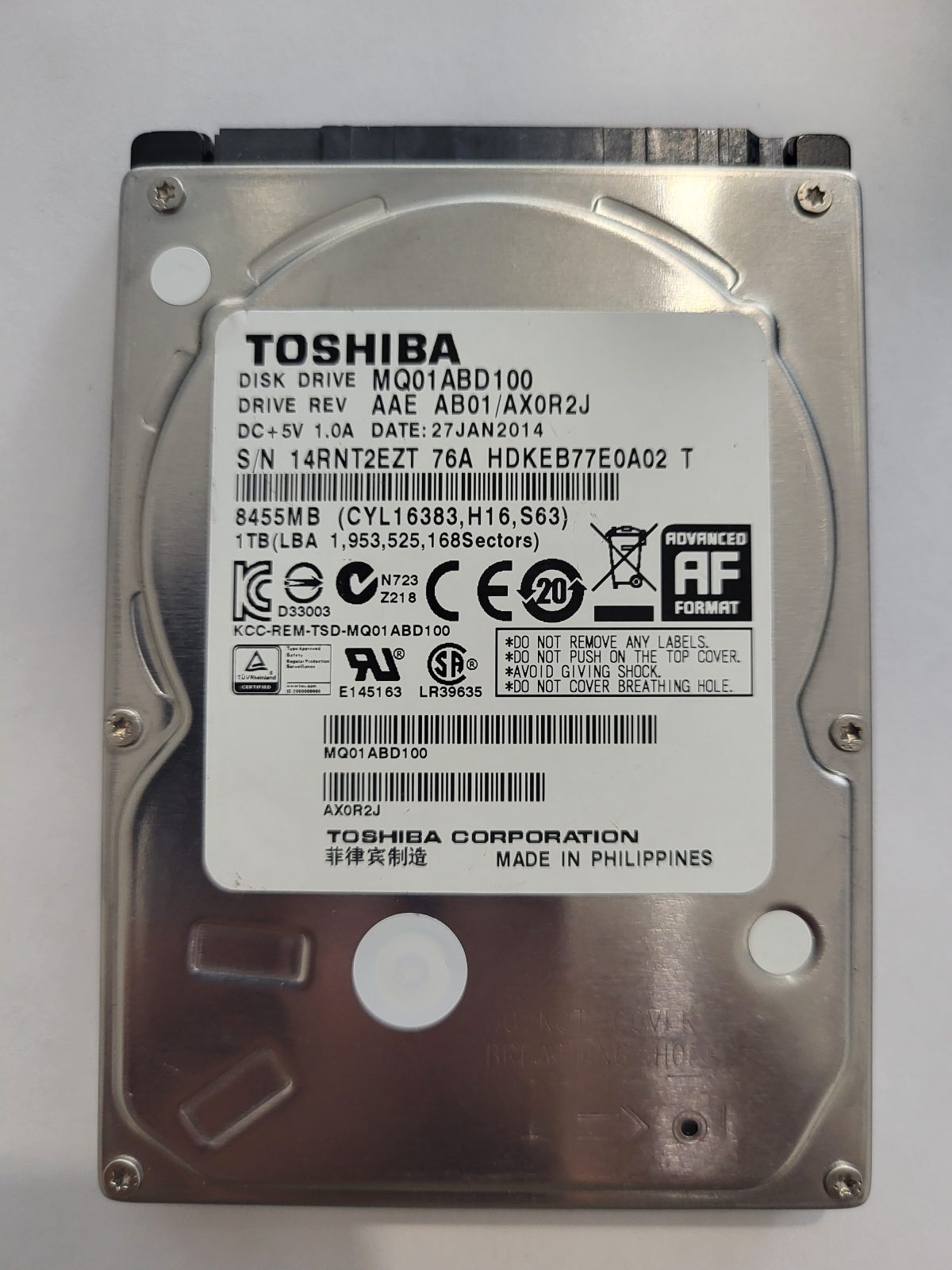 MQ01ABD100, HDKEB77E0A02 T, FW: AB01/AX0R2J, 27 JAN 2014, Toshiba 1Tb 2.5" HDD STK