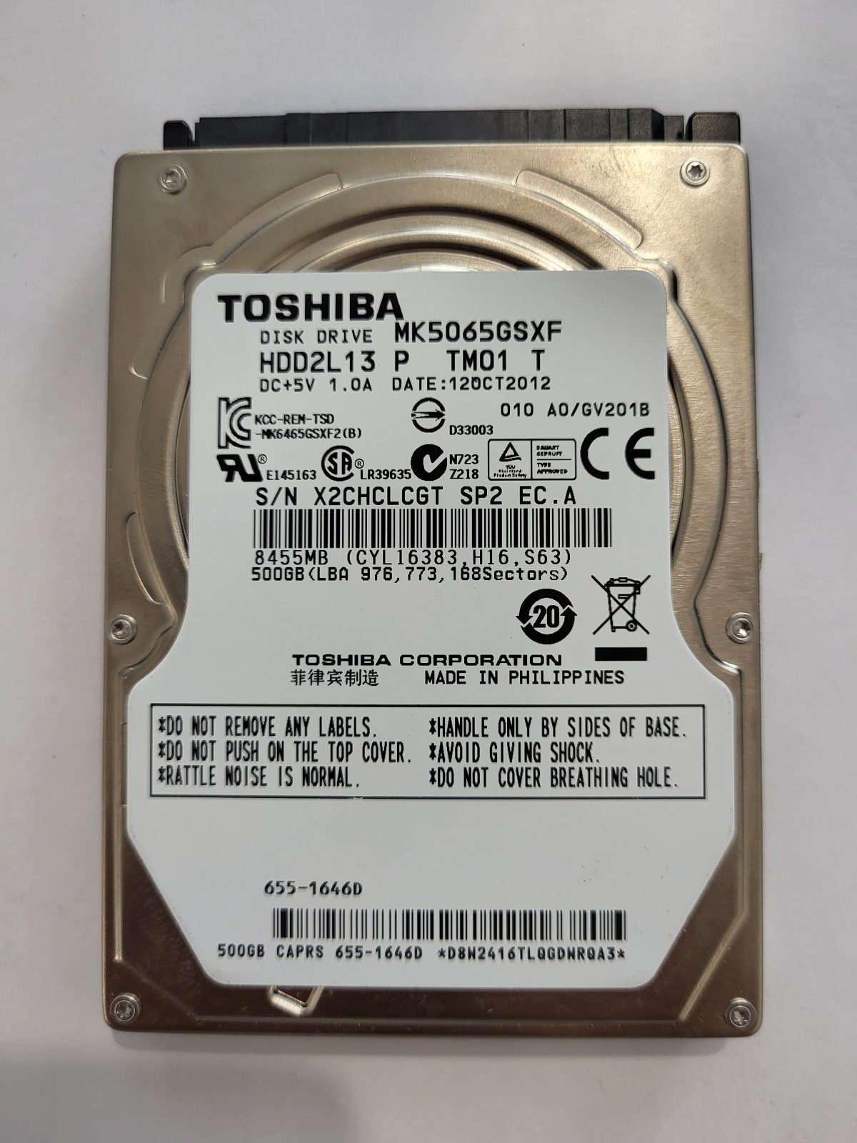 MK5065GSXF, HDD2L13 P TM01 T, FW: A0/GV201B, 12 OCT 2012, Toshiba 500Gb 2.5" HDD STK