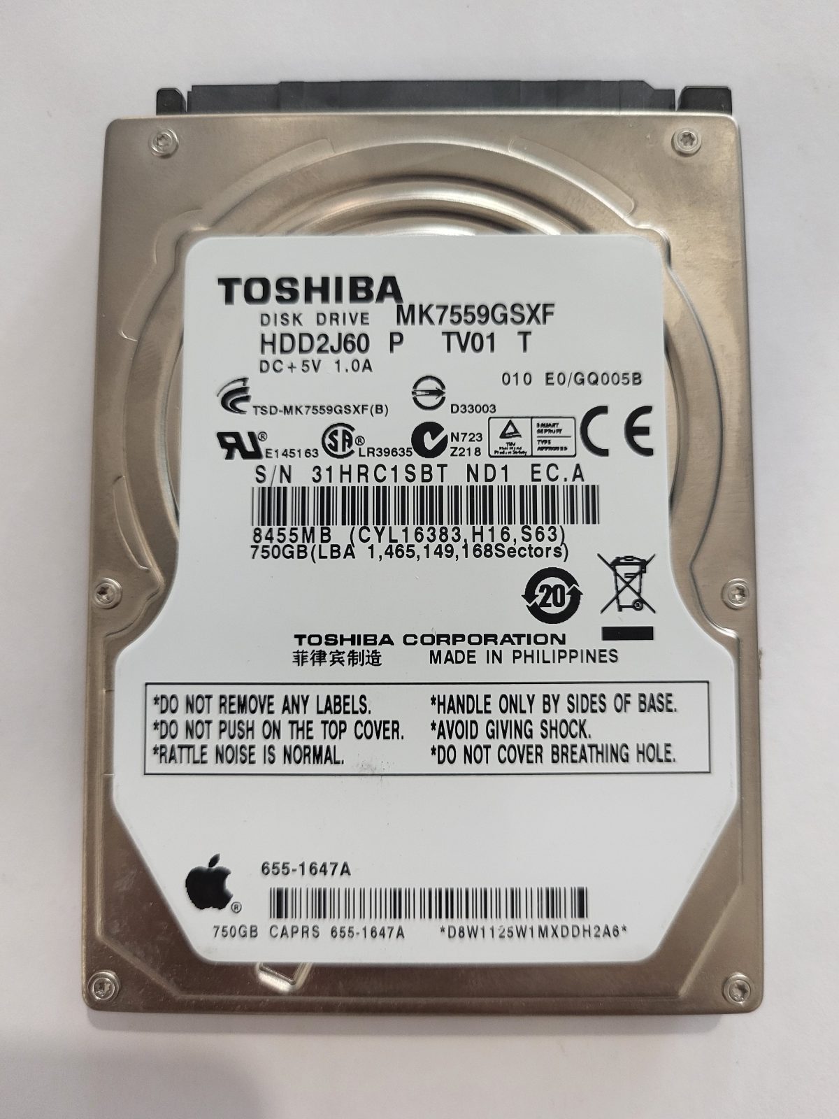MK7559GSXF, HDD2J60 P TV01 T, FW: E0/GQ005B, -, Toshiba 750Gb 2.5" HDD STK