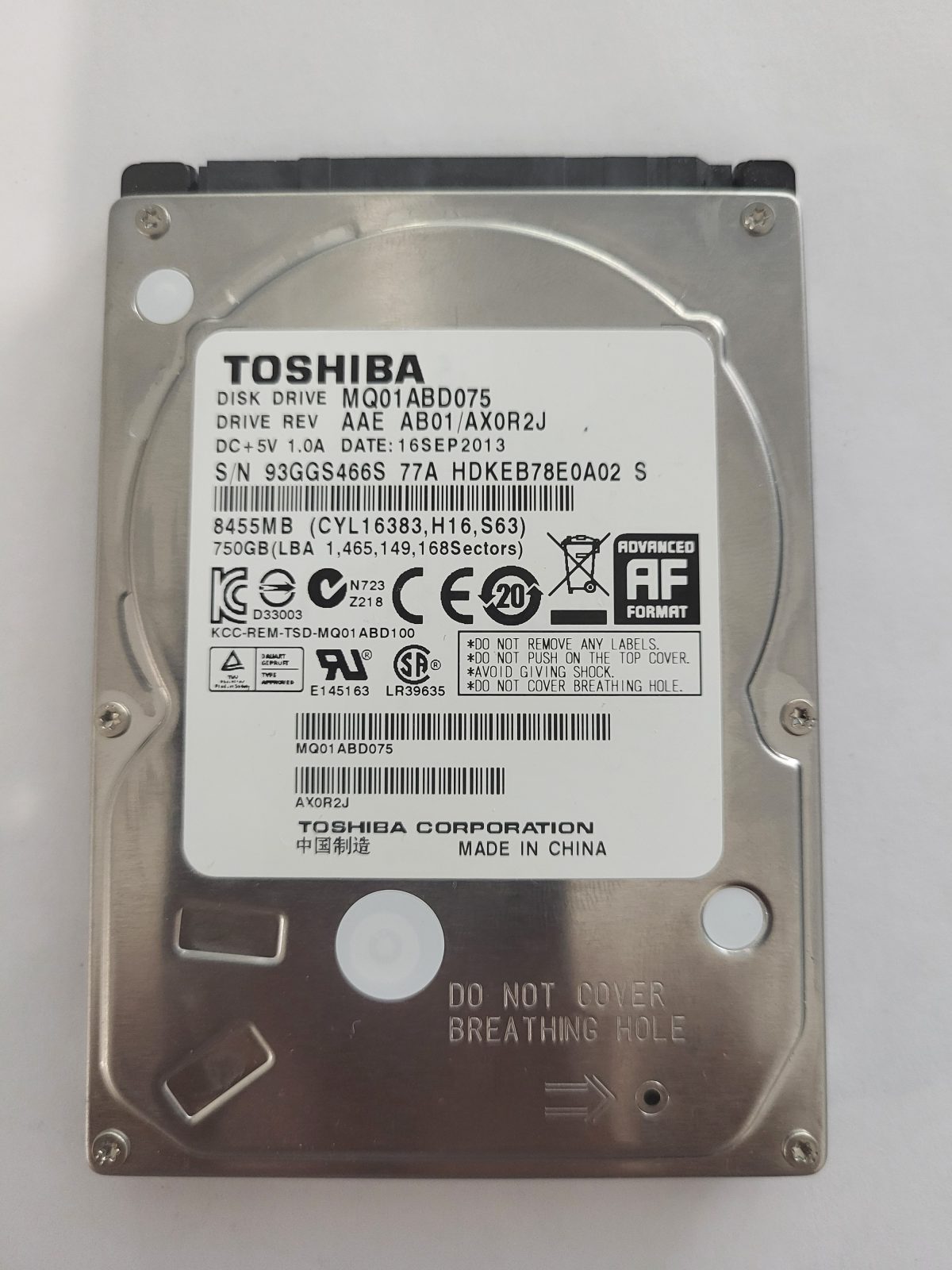 MQ01ABD075, HDKEB78E0A02 S, FW: AB01/AX0R2J, 16 SEP 2013, Toshiba 750Gb 2.5" HDD STK