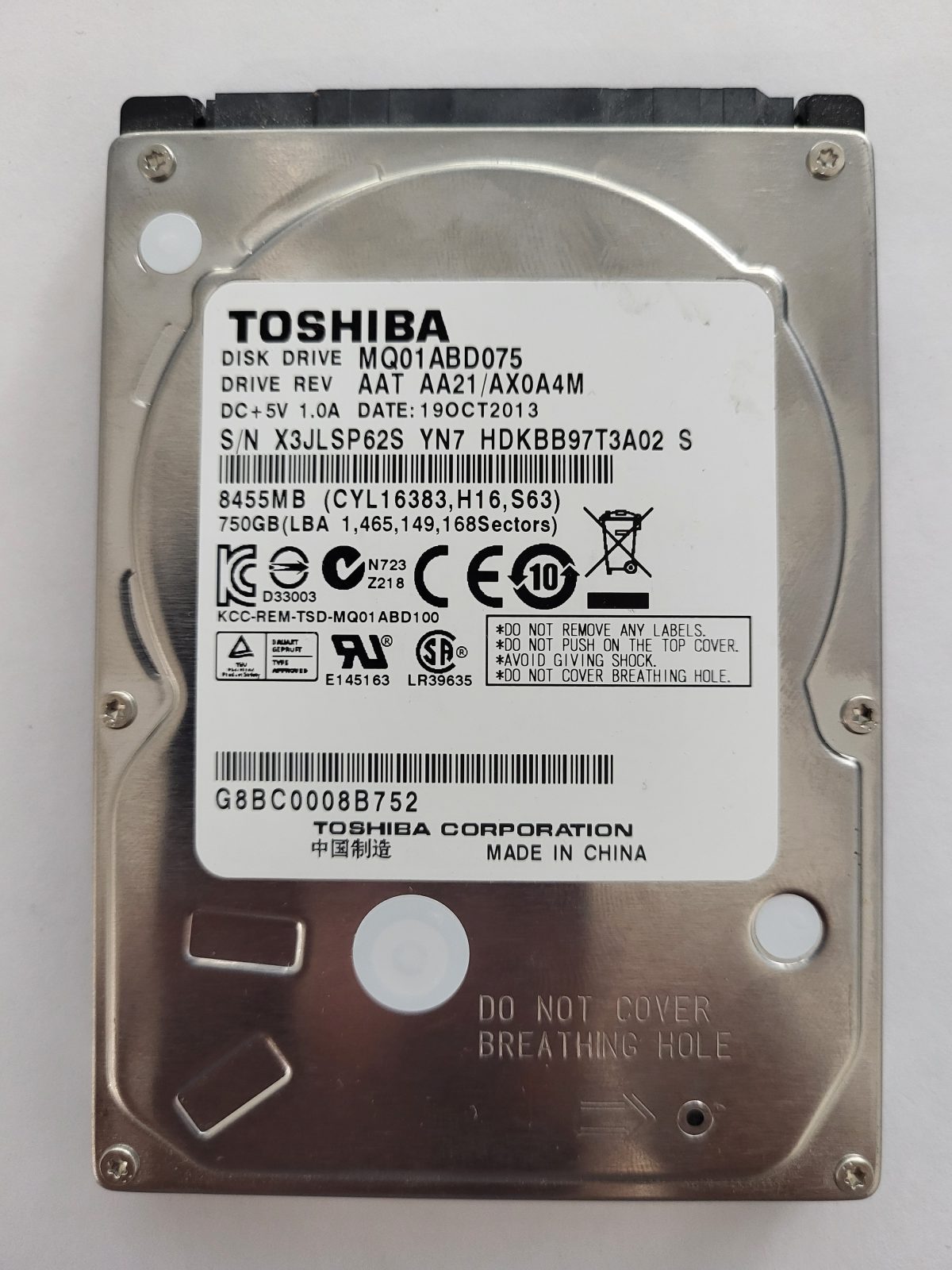 MQ01ABD075, HDKBB97T3A02 S, FW: AA21/AX0A4M, 19 OCT 2013, Toshiba 750Gb 2.5" HDD STK