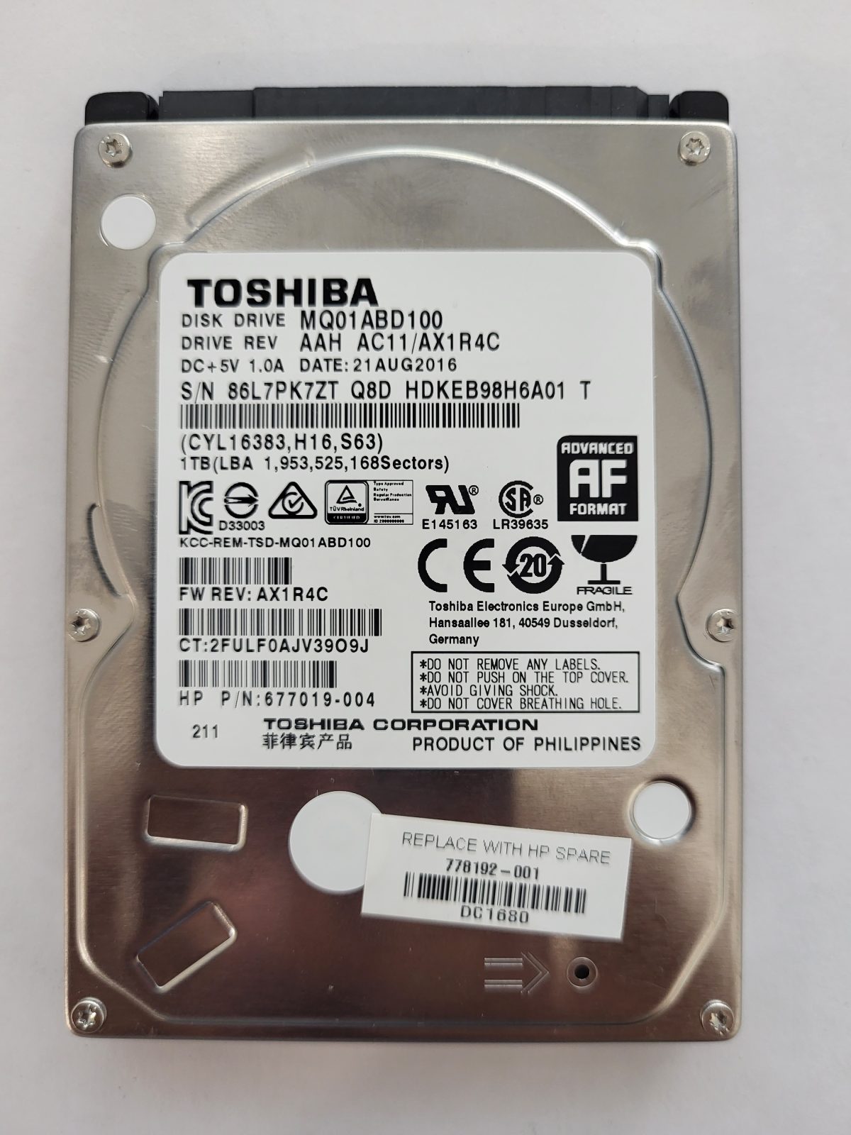 MQ01ABD100, HDKEB98H6A01 T, FW: AC11/AX1R4C, 21 AUG 2016, Toshiba 1Tb 2.5" HDD STK