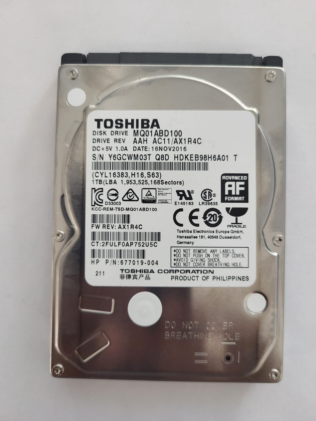MQ01ABD100, HDKEB98H6A01 T, FW: AC11/AX1R4C, 16 NOV 2016, Toshiba 1Tb 2.5" HDD STK